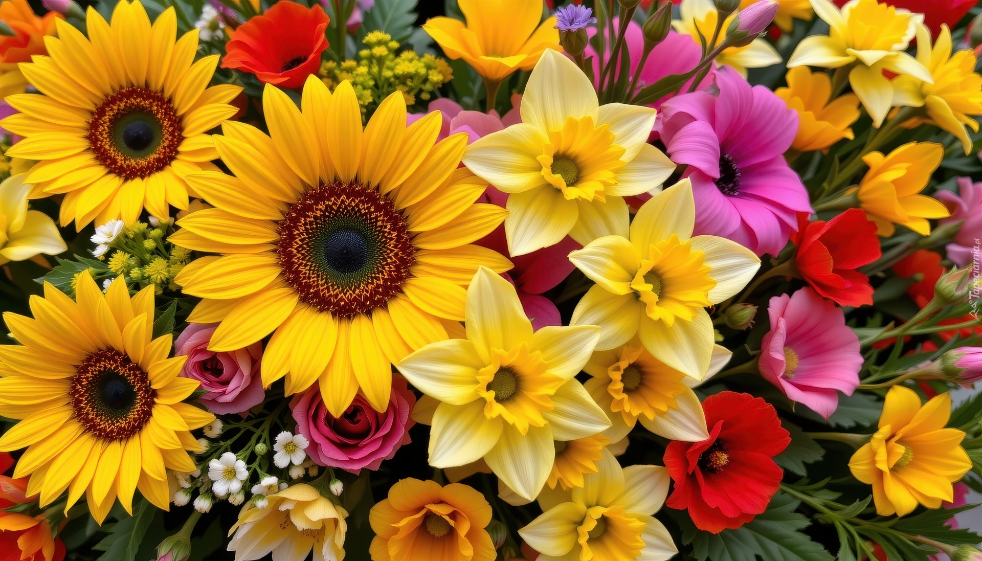 Słoneczniki ozdobne, Narcyzy żonkile, Kwiaty