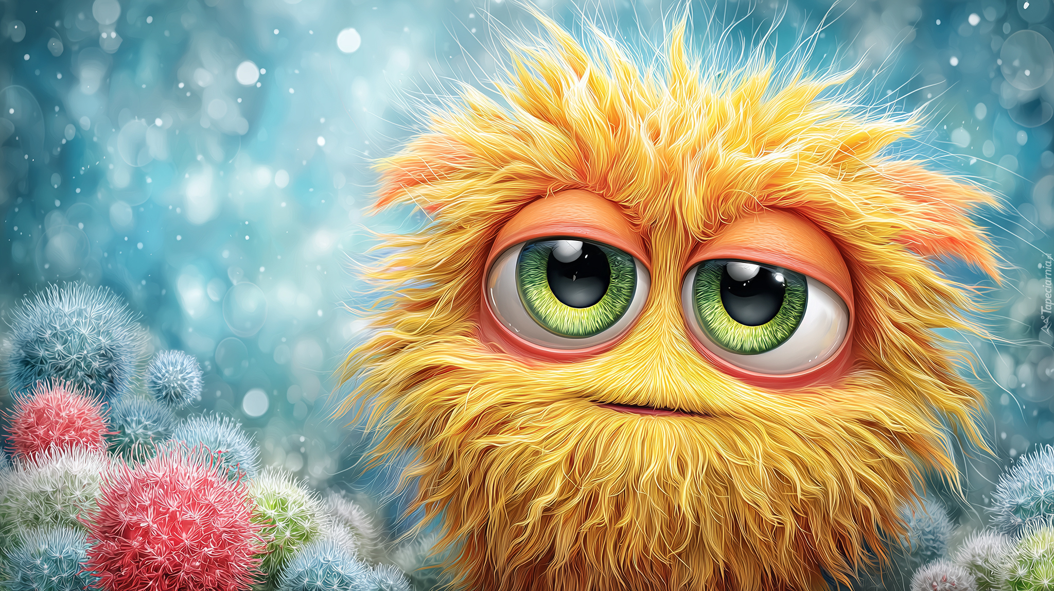 Śmieszny, Stworek, Duże, Zielone, Oczy, Żółta, Czupryna, Grafika AI Śmieszne