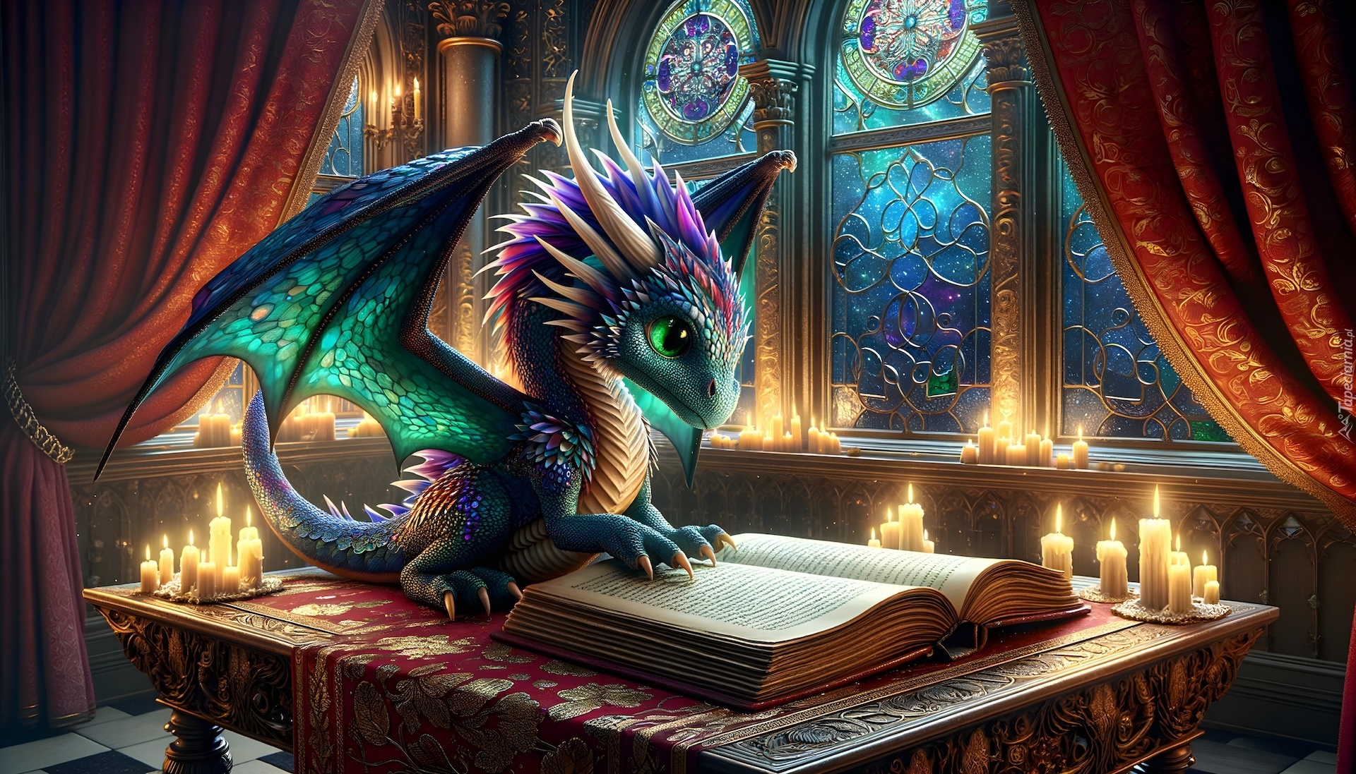 Smok, Książka, Świece, Okno, Fantasy