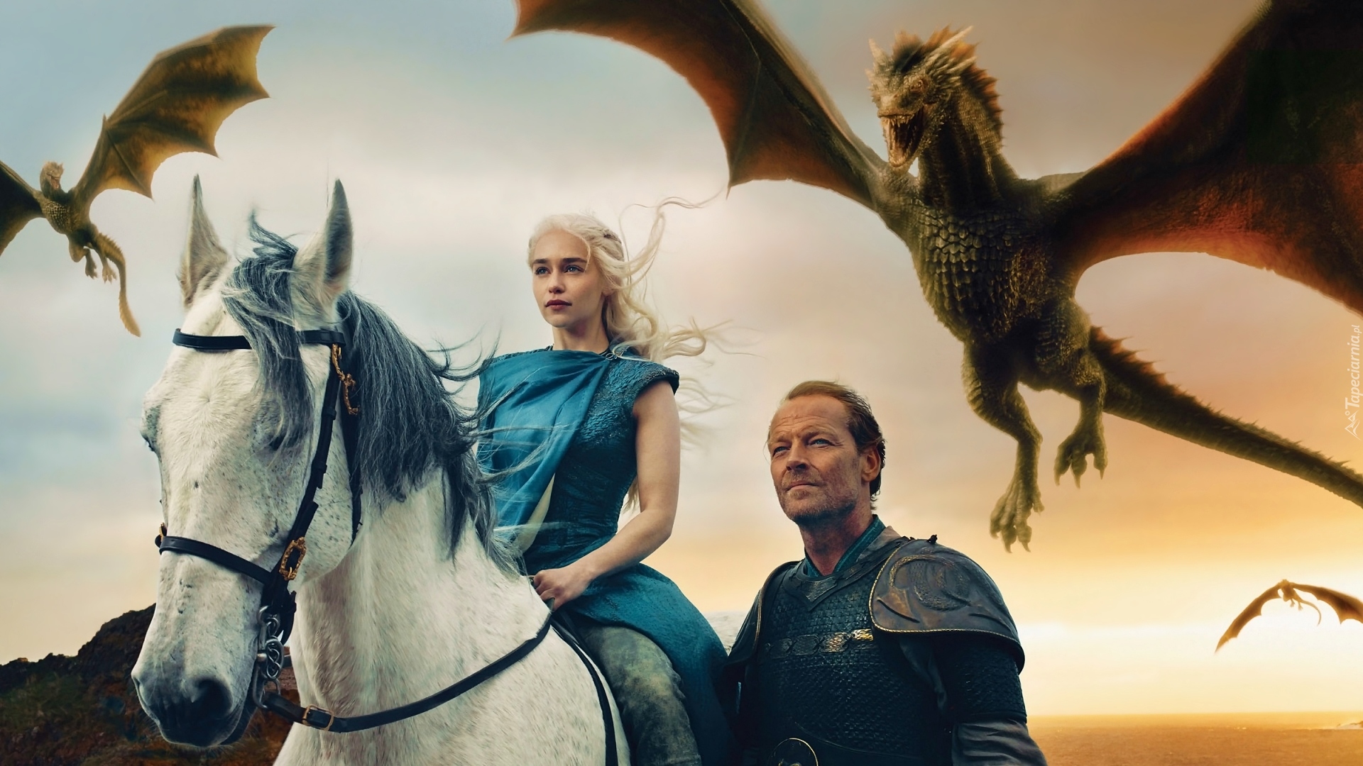 Film, Gra o Tron, Game of Thrones, Smoki, Koń, Emilia Clarke, Daenerys, Iain Glen, Ser Jorah Mormont