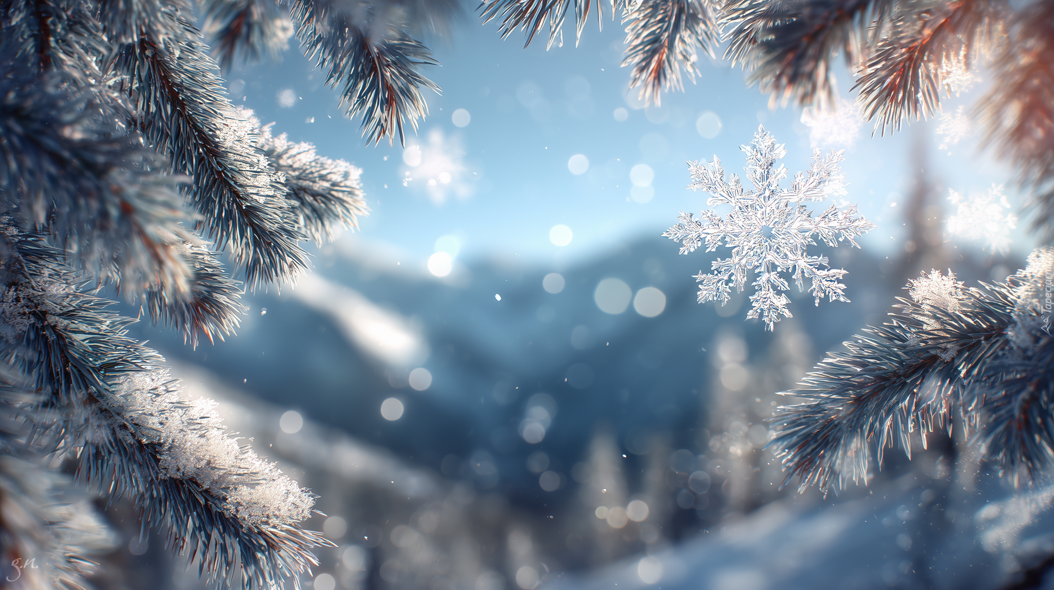 Śnieżynka, Zima, Gałązki, Sosna, Grafika AI