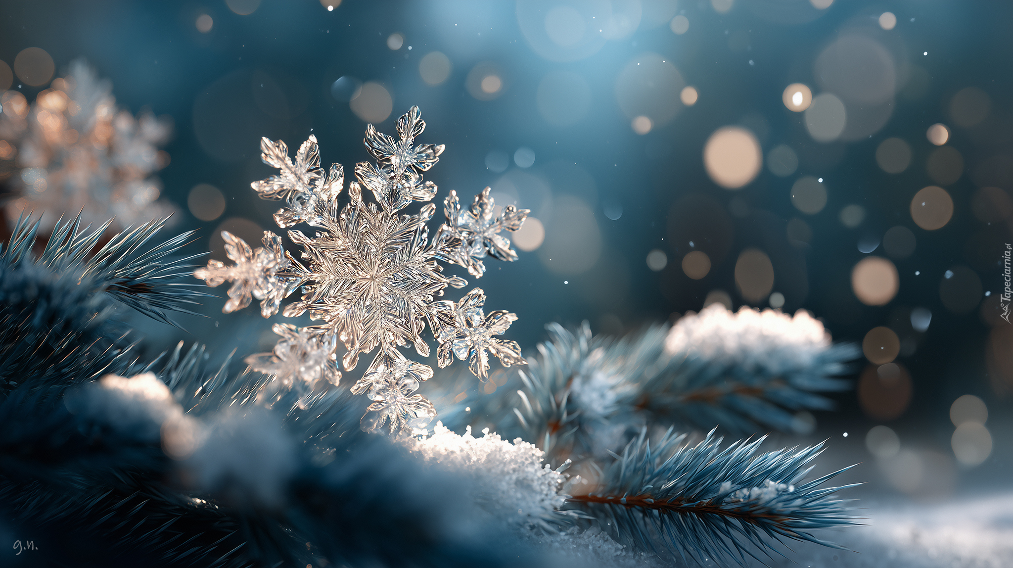 Śnieżynka, Gałązki, Sosna, Śnieg, Grafika AI