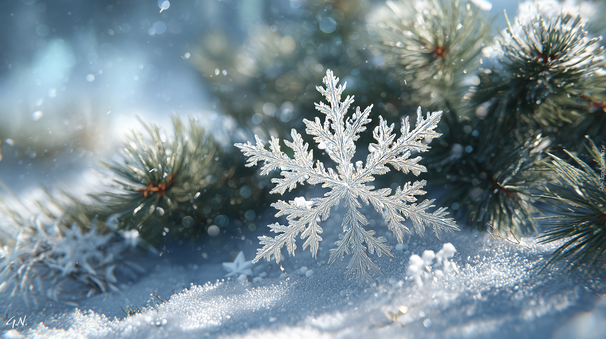 Śnieżynka, Sosna, Śnieg, Zima, Grafika AI