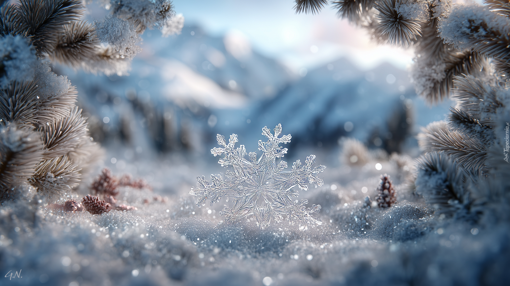 Śnieżynka, Śnieg, Oszronione, Gałązki, Grafika AI