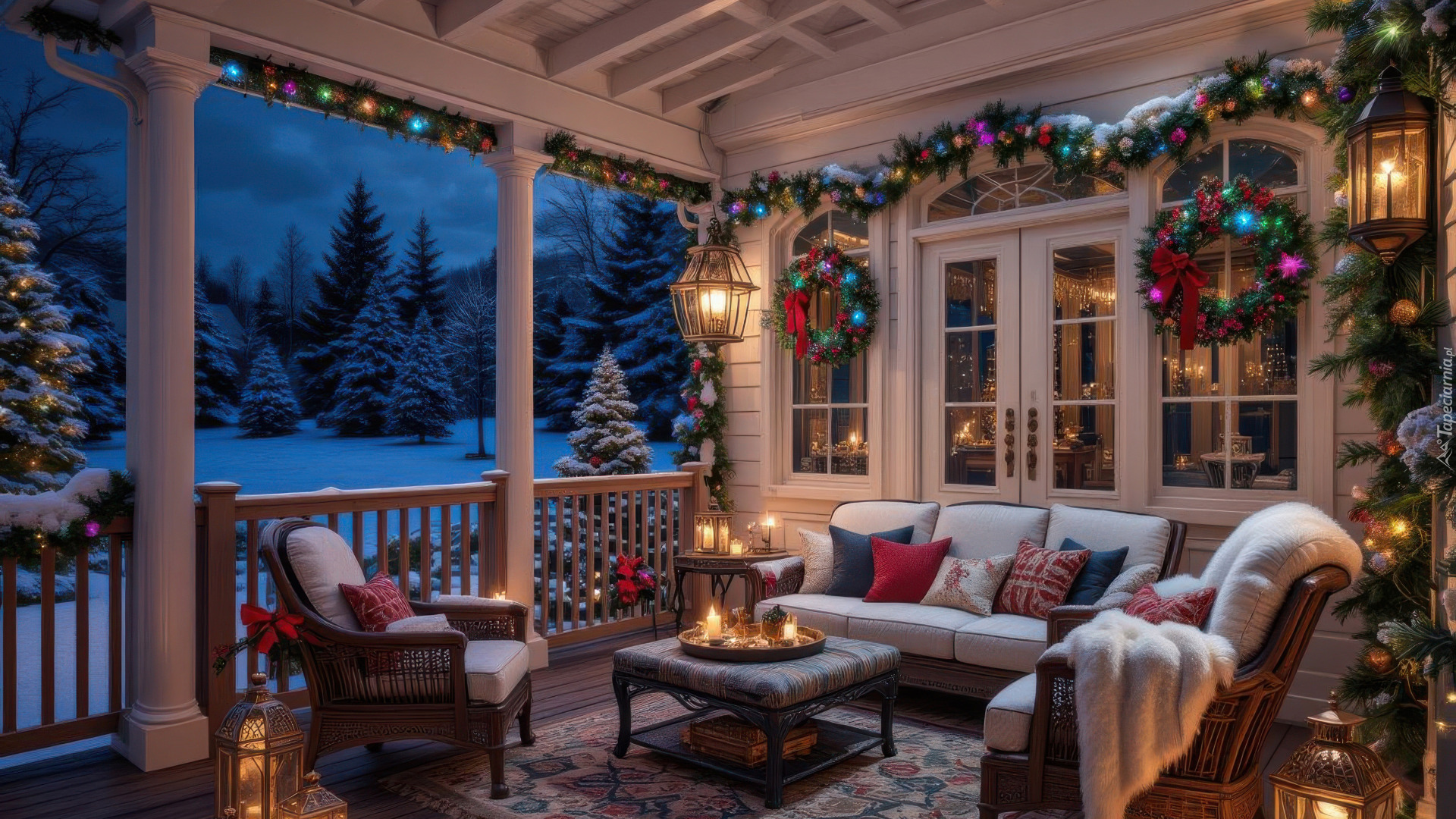 Boże Narodzenie, Taras, Fotele, Stolik, Sofa, Girlandy, Lampiony
