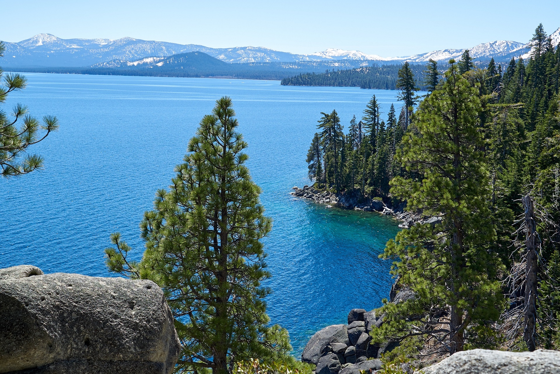 Jezioro Tahoe, Góry, Sierra Nevada, Skały, Sosny, Stany Zjednoczone