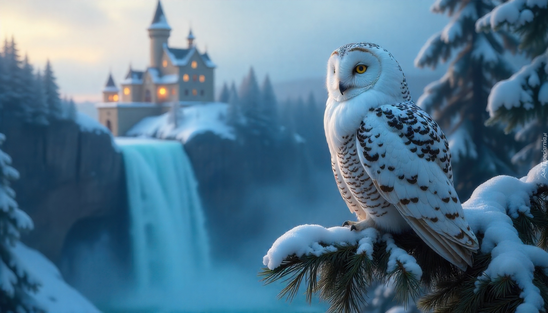 Sowa śnieżna, Świerk, Zamek, Wodospad Grafika AI