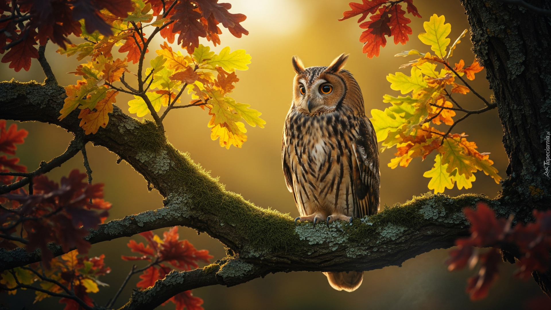 Ptak, Sowa uszata, Drzewo, Dąb, Gałązka, Kolorowe, Liście, Jesień Sowa Uszata