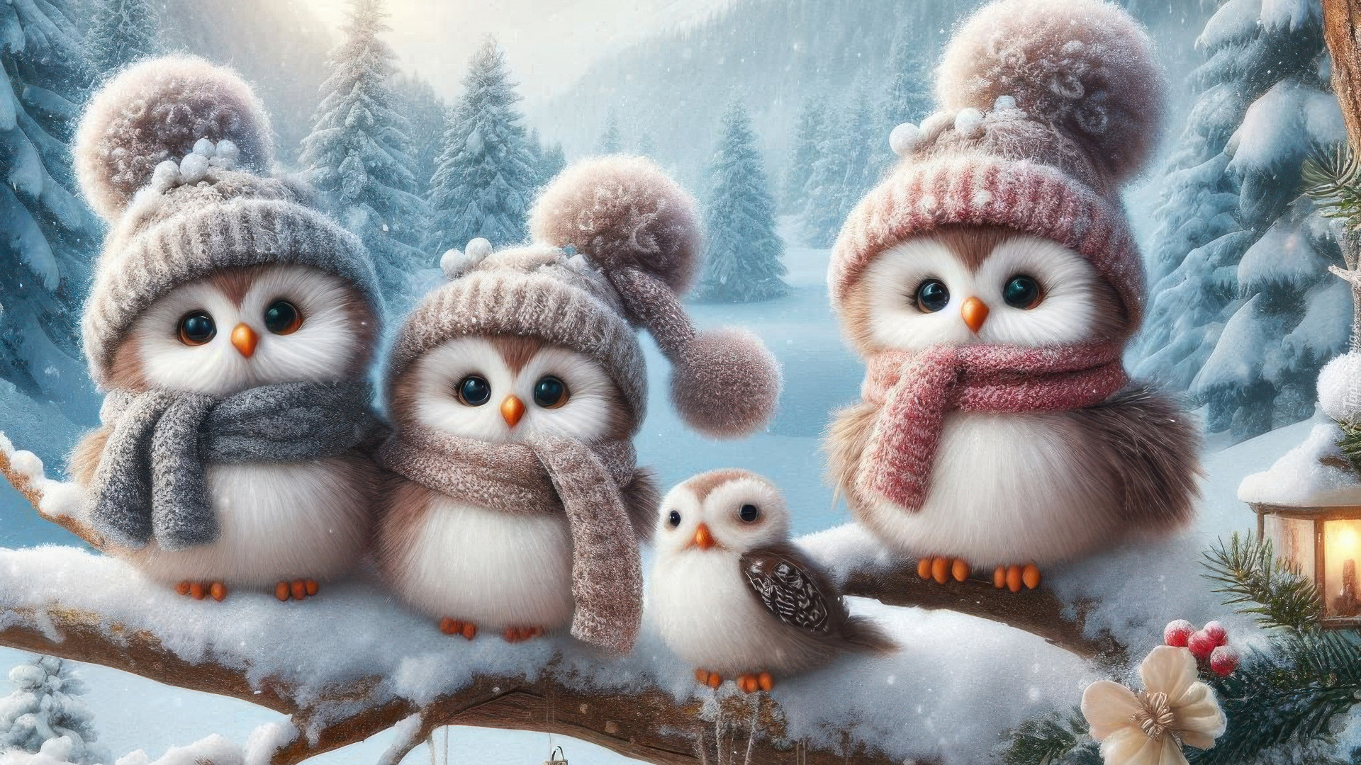 Zima, Sowy, Czapki, Szaliki, Latarnia, Gałąź