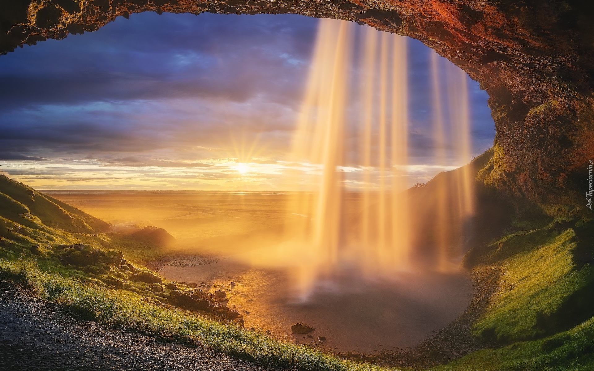 Skały, Wodospad Seljalandsfoss, Zachód słońca, Islandia