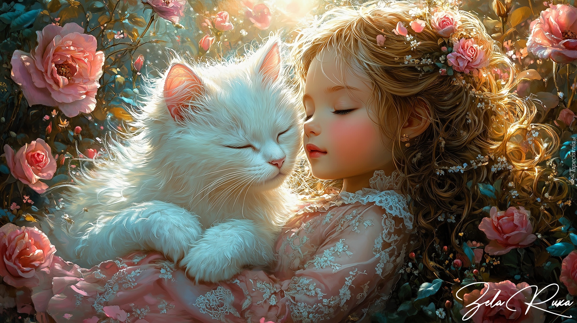 Śpiąca, Dziewczynka, Biały, Kot, Kwiaty, Grafika AI