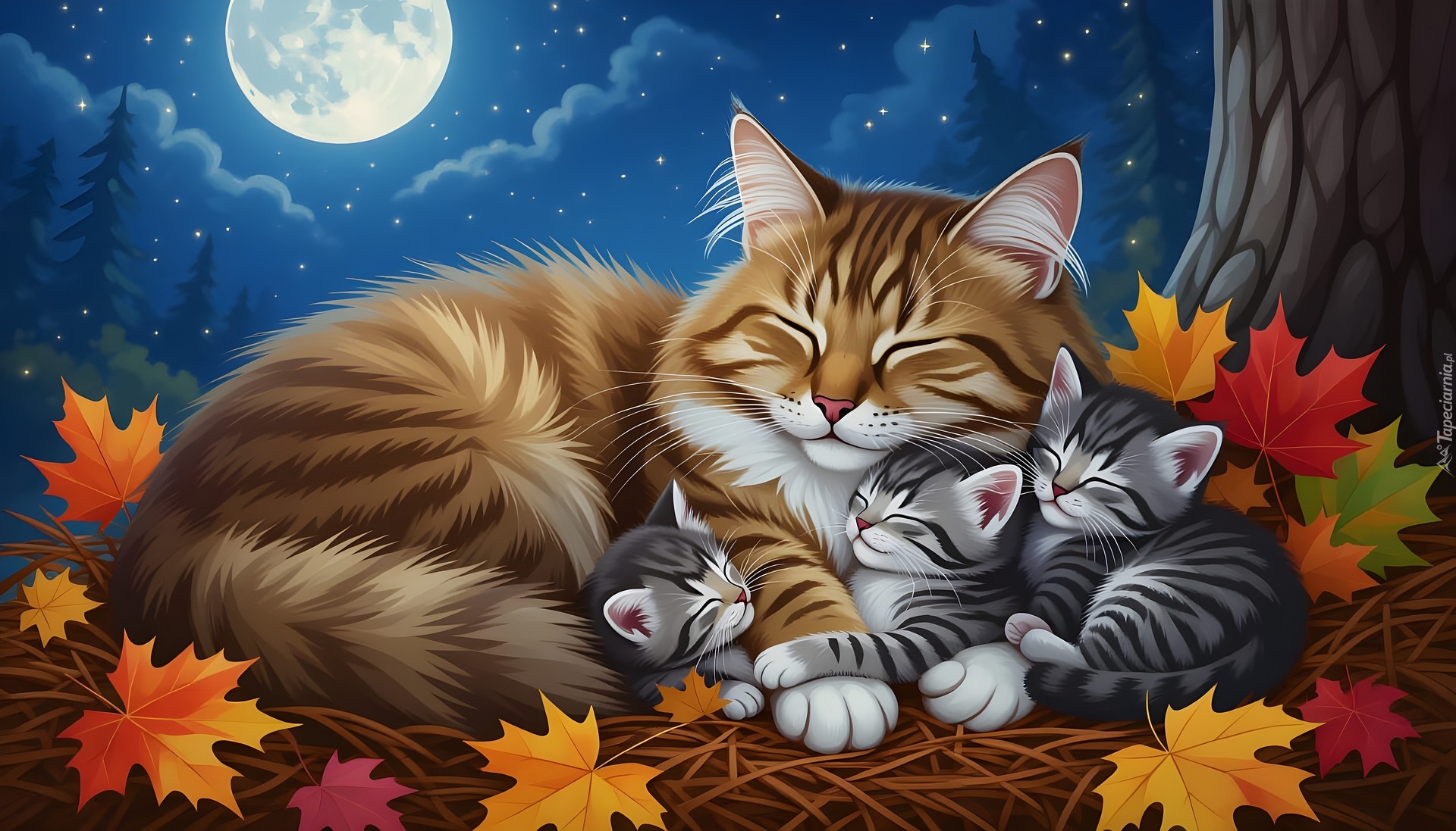 Koty, Trzy, Małe, Kotki, Liście, Noc, 2D