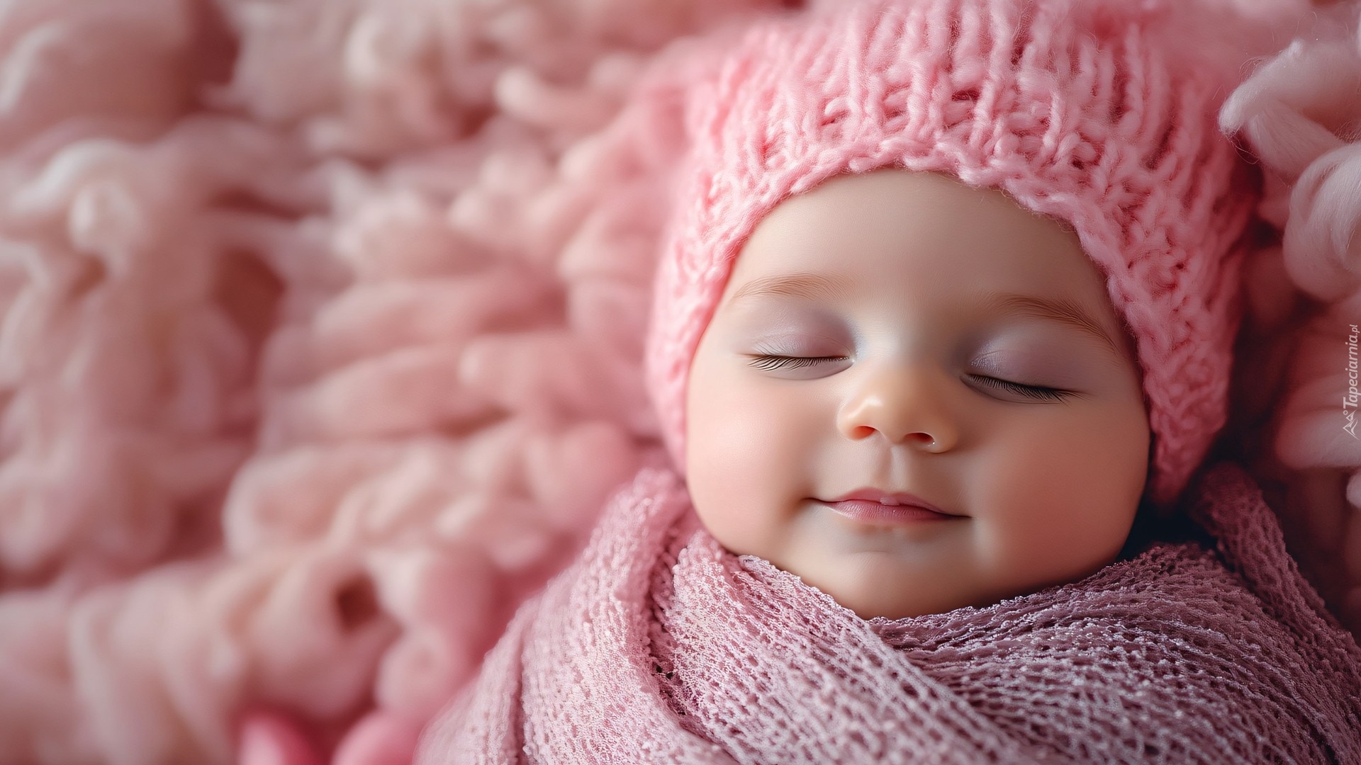 Śpiące, Dziecko, Niemowlę, Różowa, Czapka, Szal