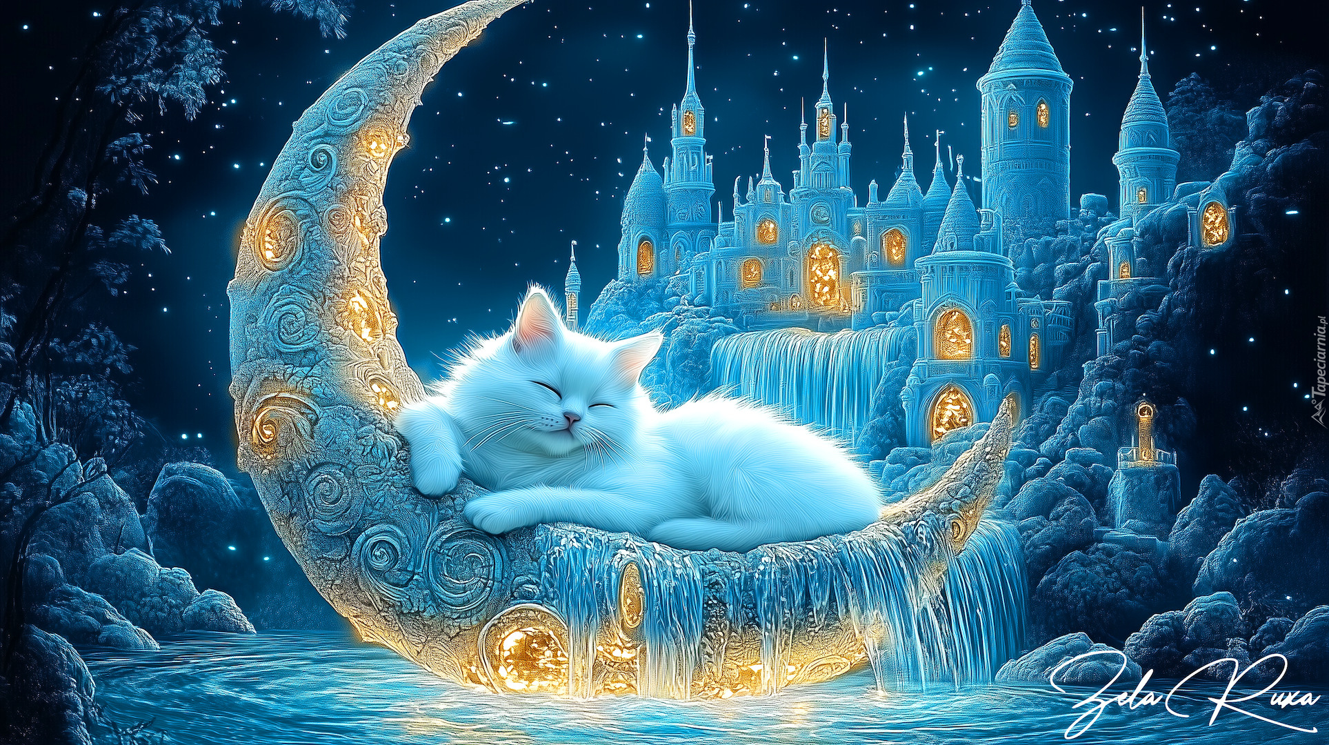 Noc, Księżyc, Gwiazdy, Kot, Śpiący, Zamek, Fantasy