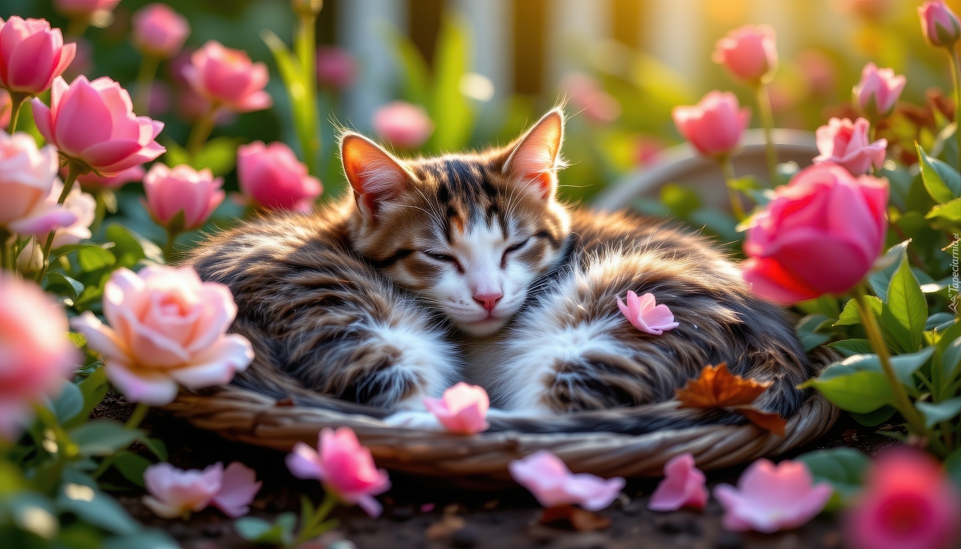 Ogród, Kot, Sen, Kwiaty, Róże, AI