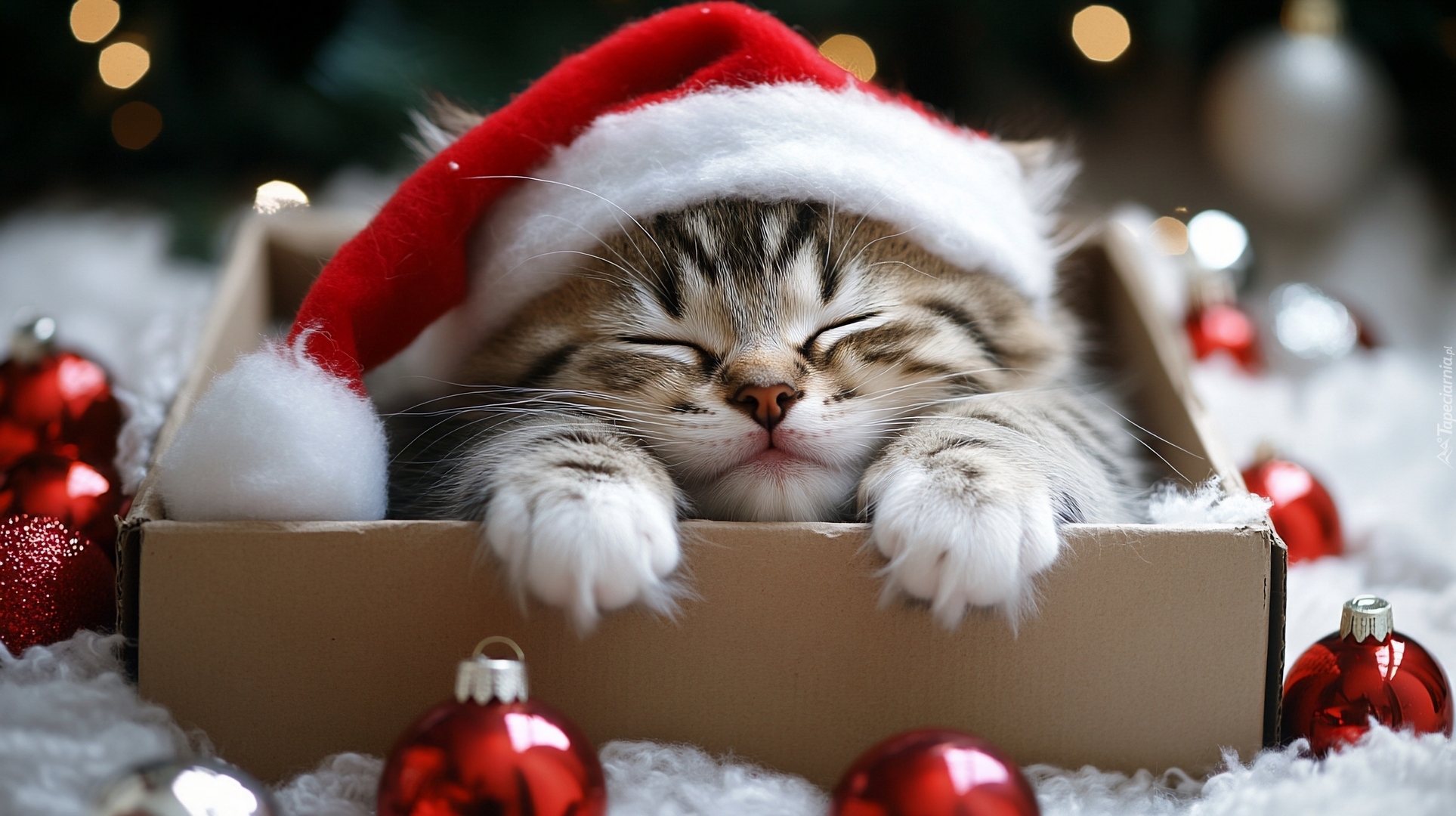 Mały, Szary, Kot, Czapka, Mikołaja, Pudełko, Bombki