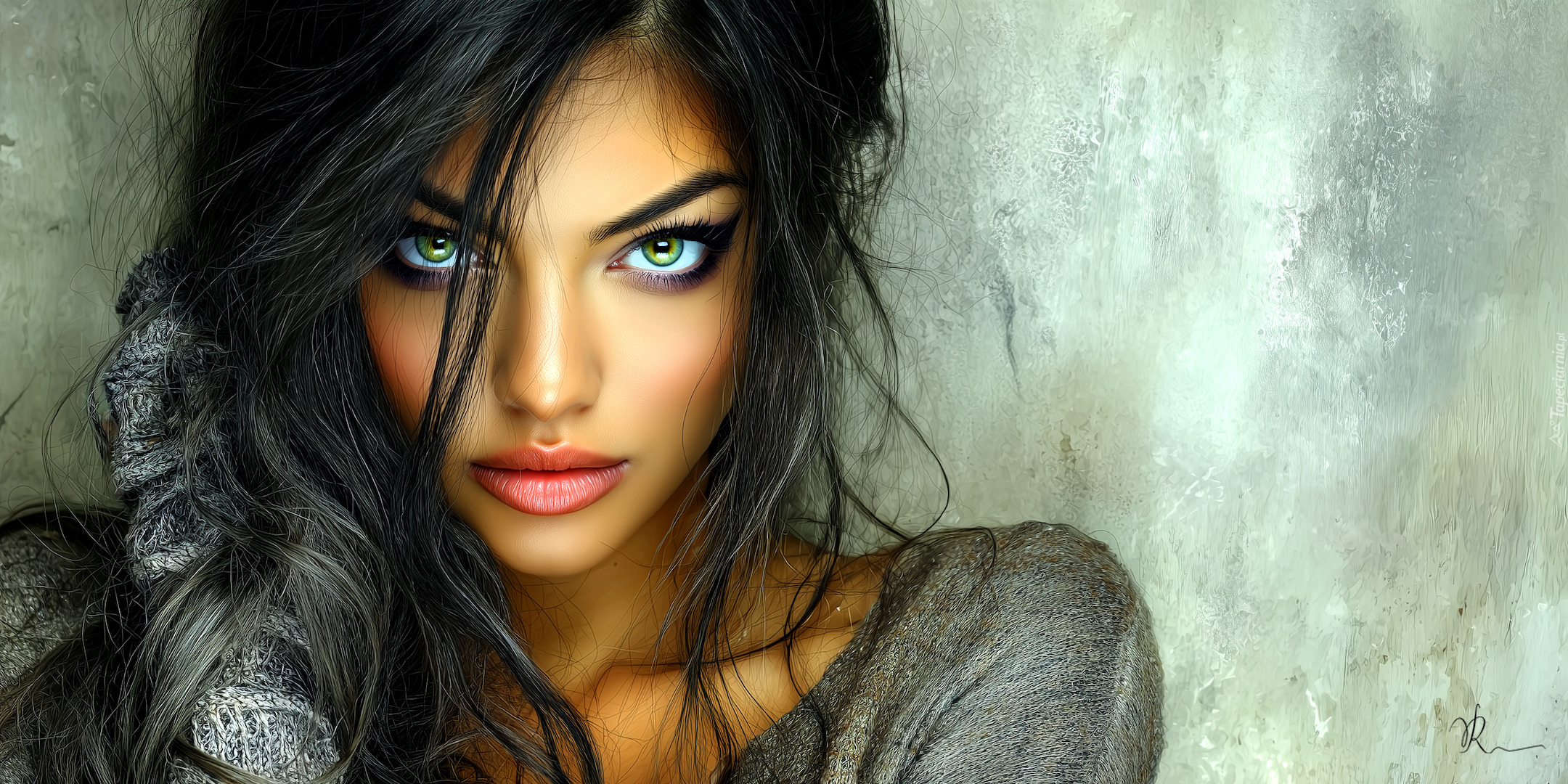 Ciemnowłosa, Kobieta, Twarz, Makijaż, Zielone, Oczy, Grafika