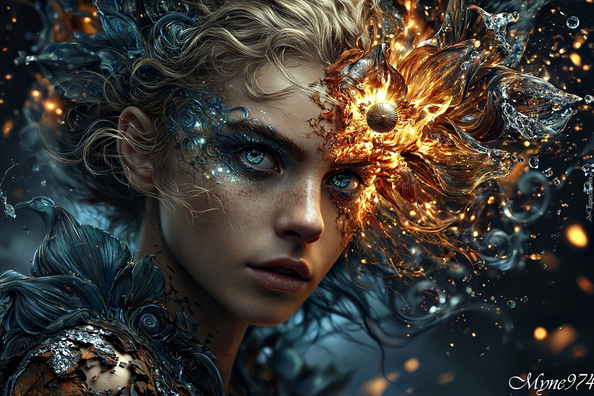 Dziewczyna, Spojrzenie, Ogień, Grafika AI