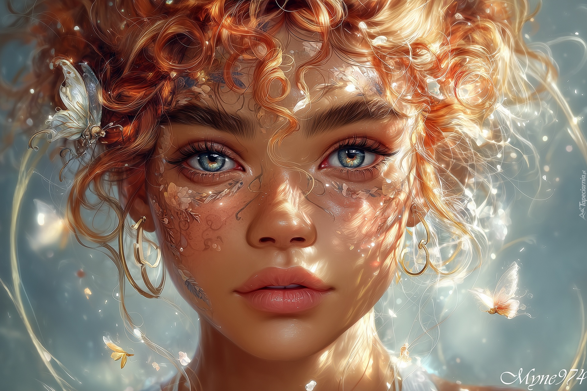 Dziewczyna, Rude, Kręcone, Włosy, Spojrzenie, Grafika AI