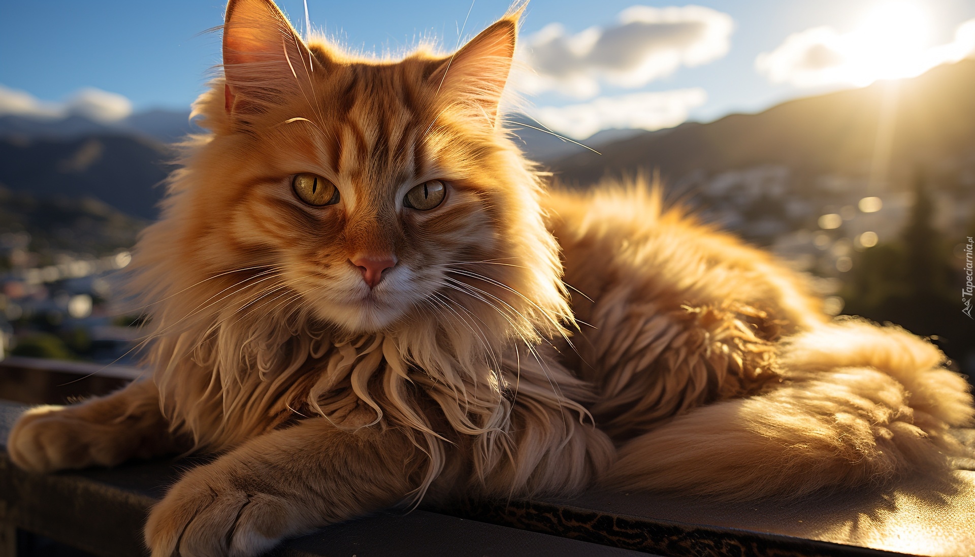 Rudy, Kot, Spojrzenie, Góry, Słońce, Grafika AI