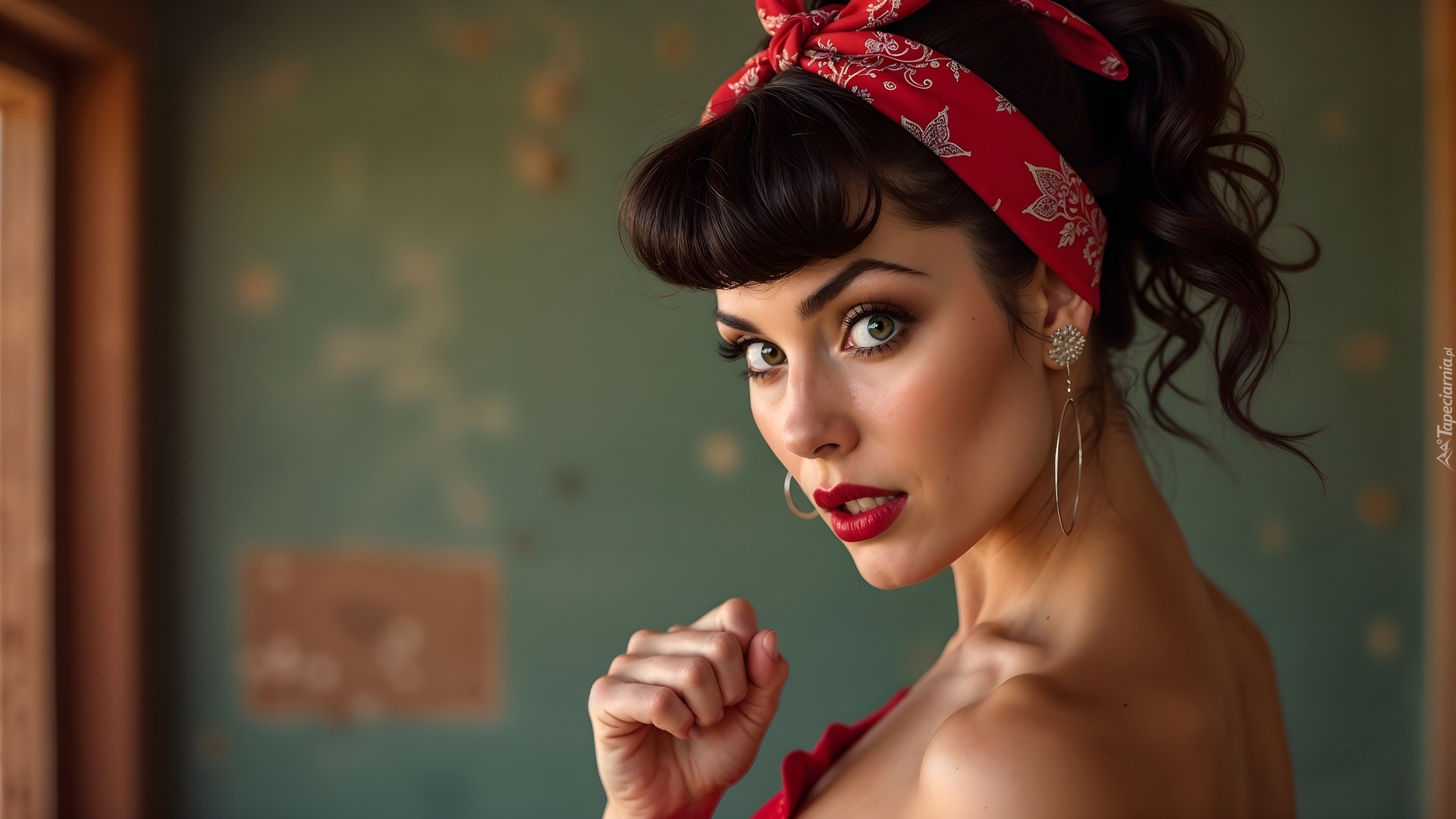 Kobieta, Szatynka, Czerwona, Opaska