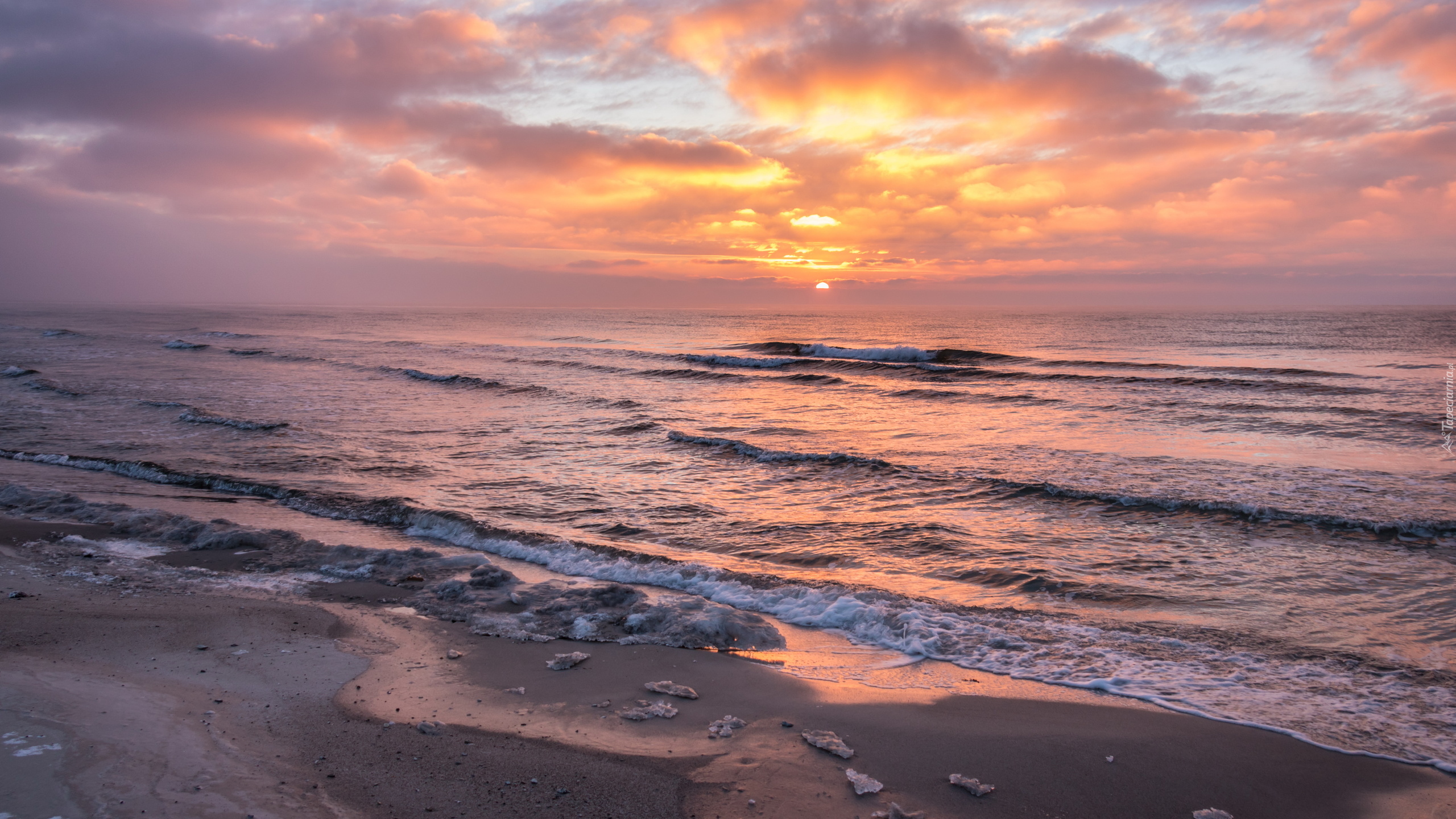 Morze, Wschód słońca, Fale, Plaża