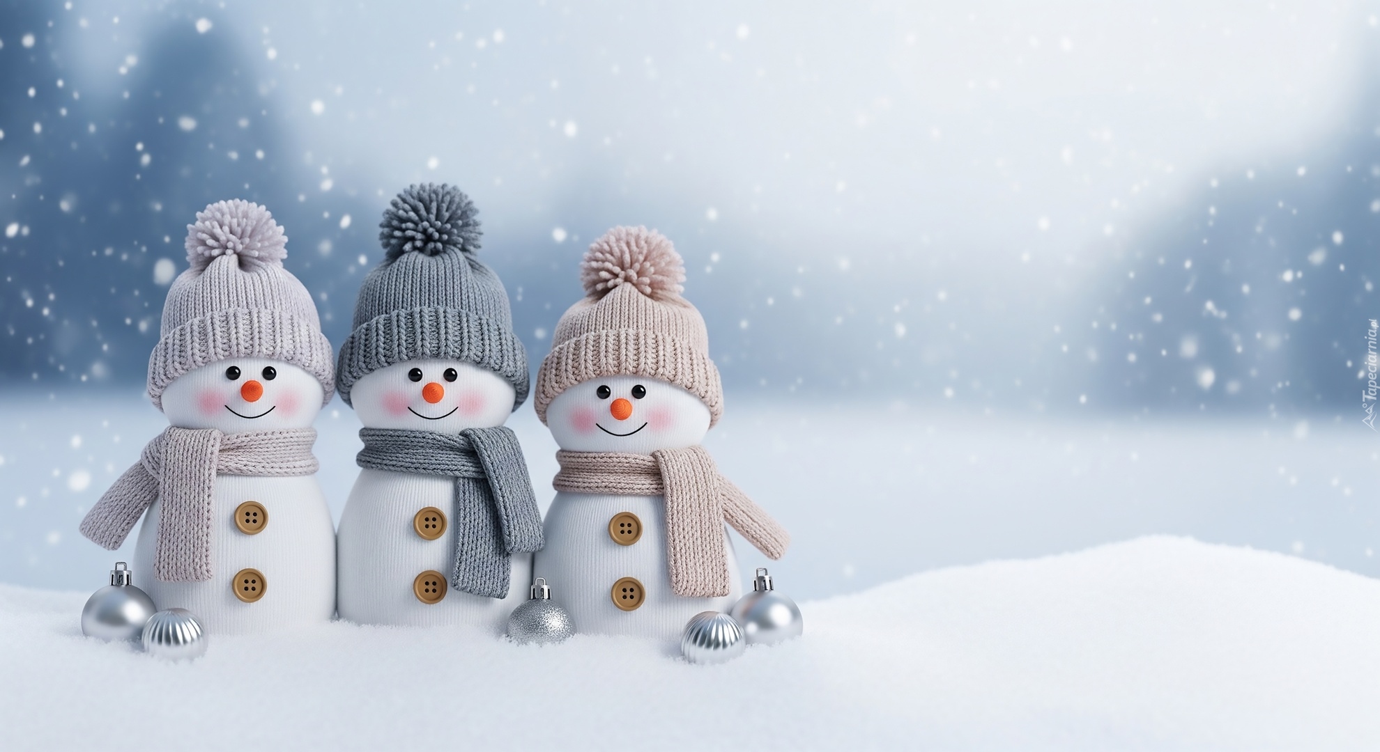 Trzy, Uśmiechnięte, Bałwanki, Czapki, Szaliki, Grafika AI