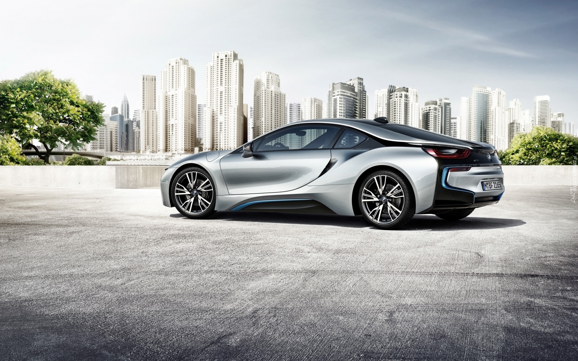 BMW i8, 2014, Drapacze chmur, Drzewa