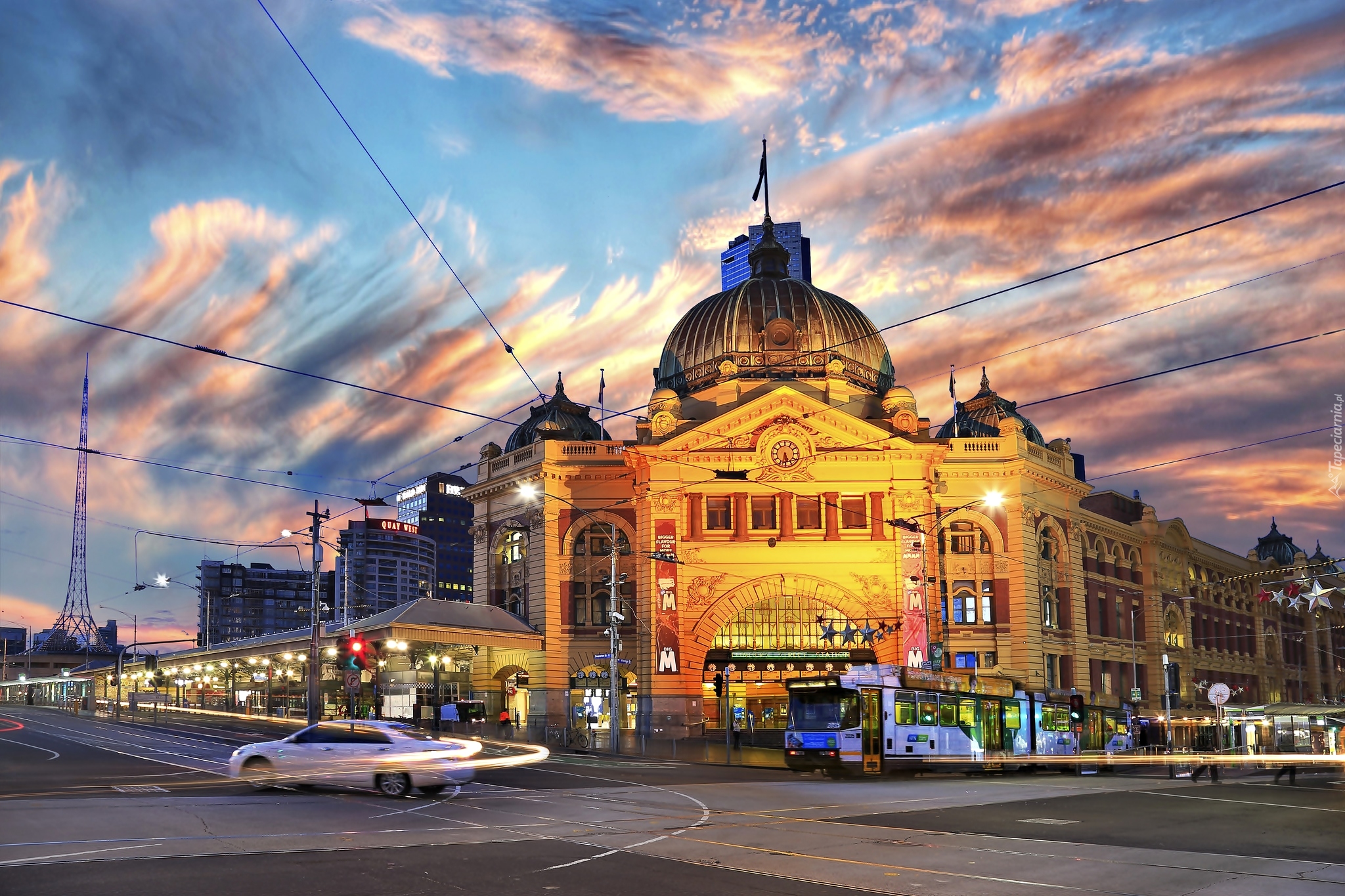 Australia, Melbourne, Stacja, Flinders Street Station, Ulica, Tramwaj, Zmierzch