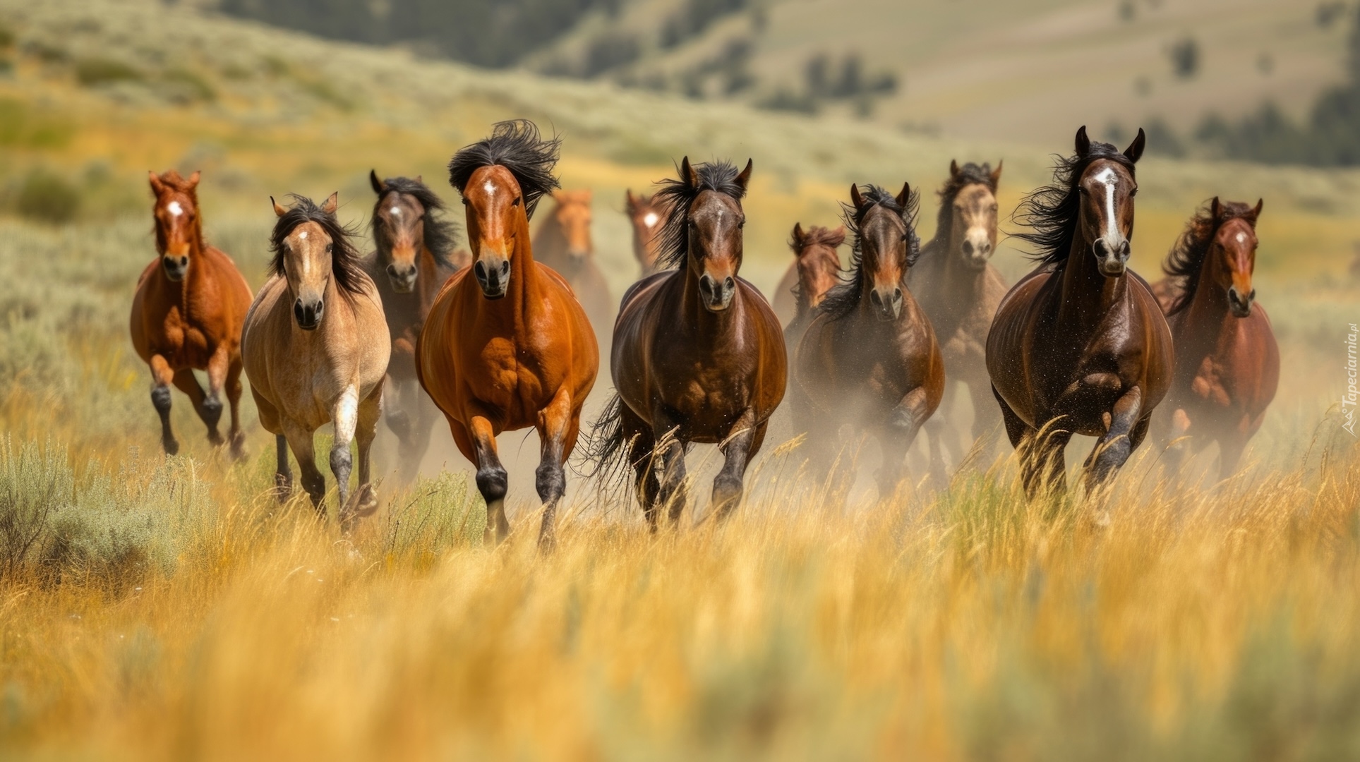 Konie, Galop, Trawa, AI