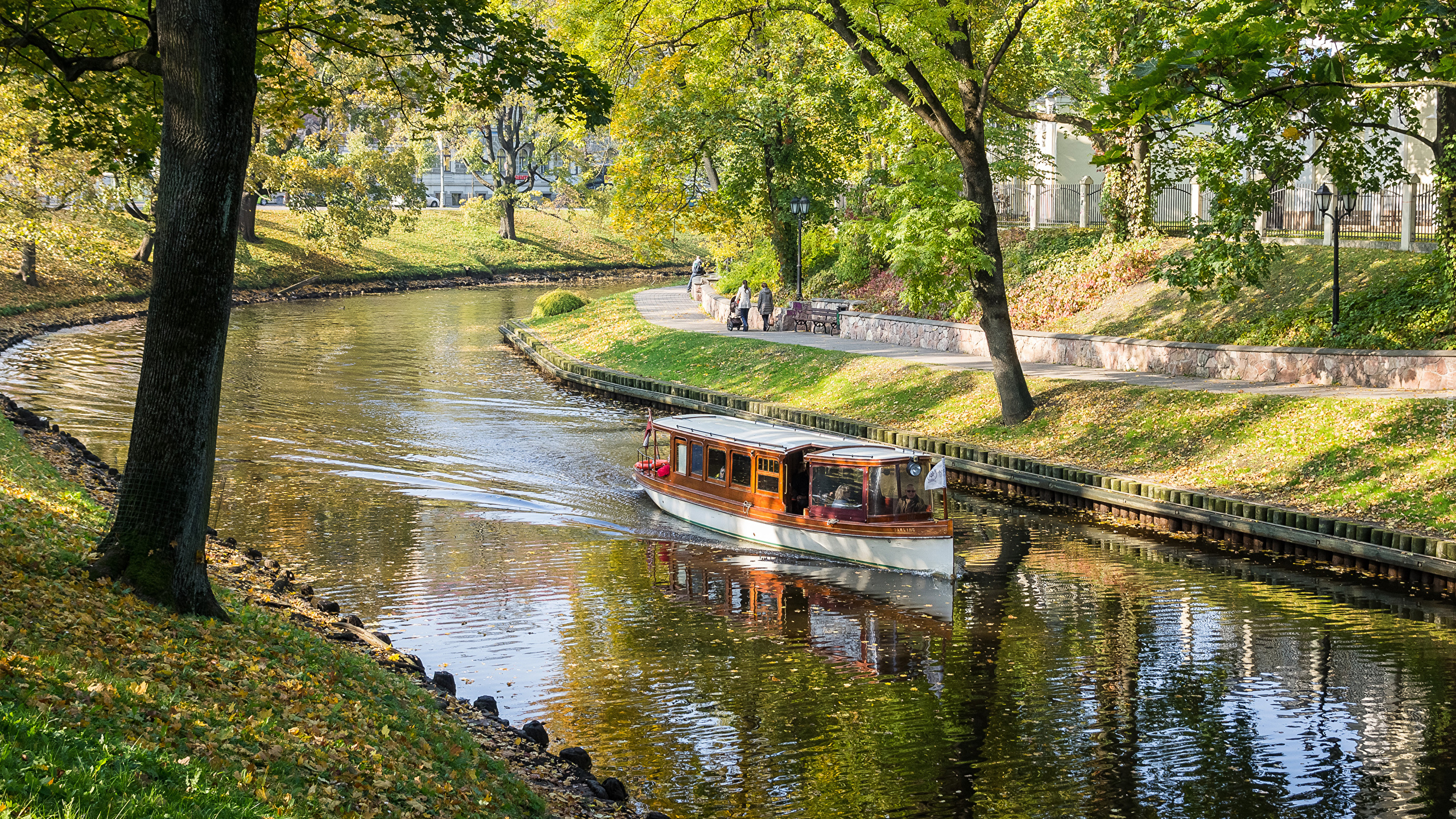 Park, Rzeka, Drzewa, Statek