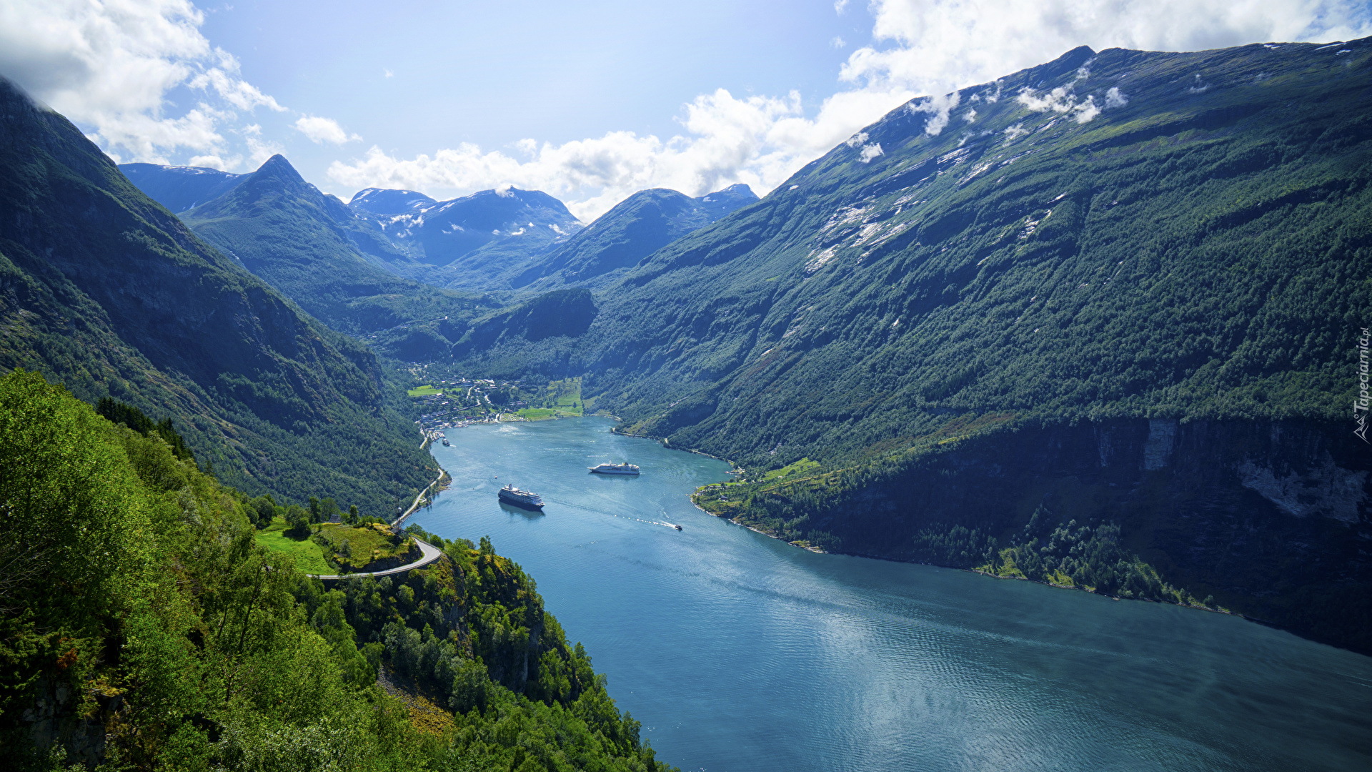 Góry, Fiord Geirangerfjorden, Statki, Lasy, Drzewa, Norwegia