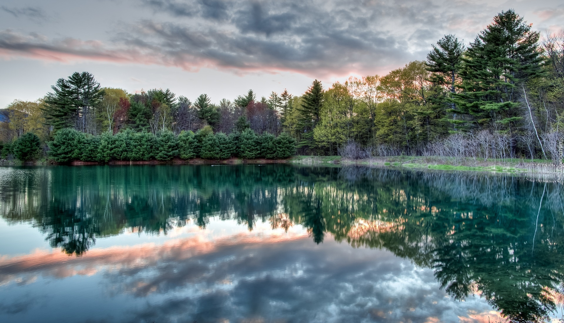 Staw, Thorne Pond, Drzewa, Chmury, Odbicie, Bartlett, Stan New Hampshire, Stany Zjednoczone