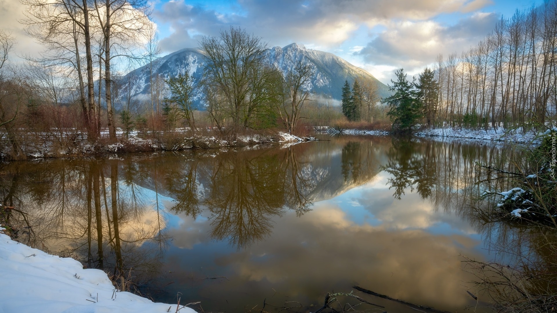 Drzewa, Staw, Dolina, Snoqualmie Valley, Góra, Mount Si, Chmury, Stan Waszyngton, Stany Zjednoczone