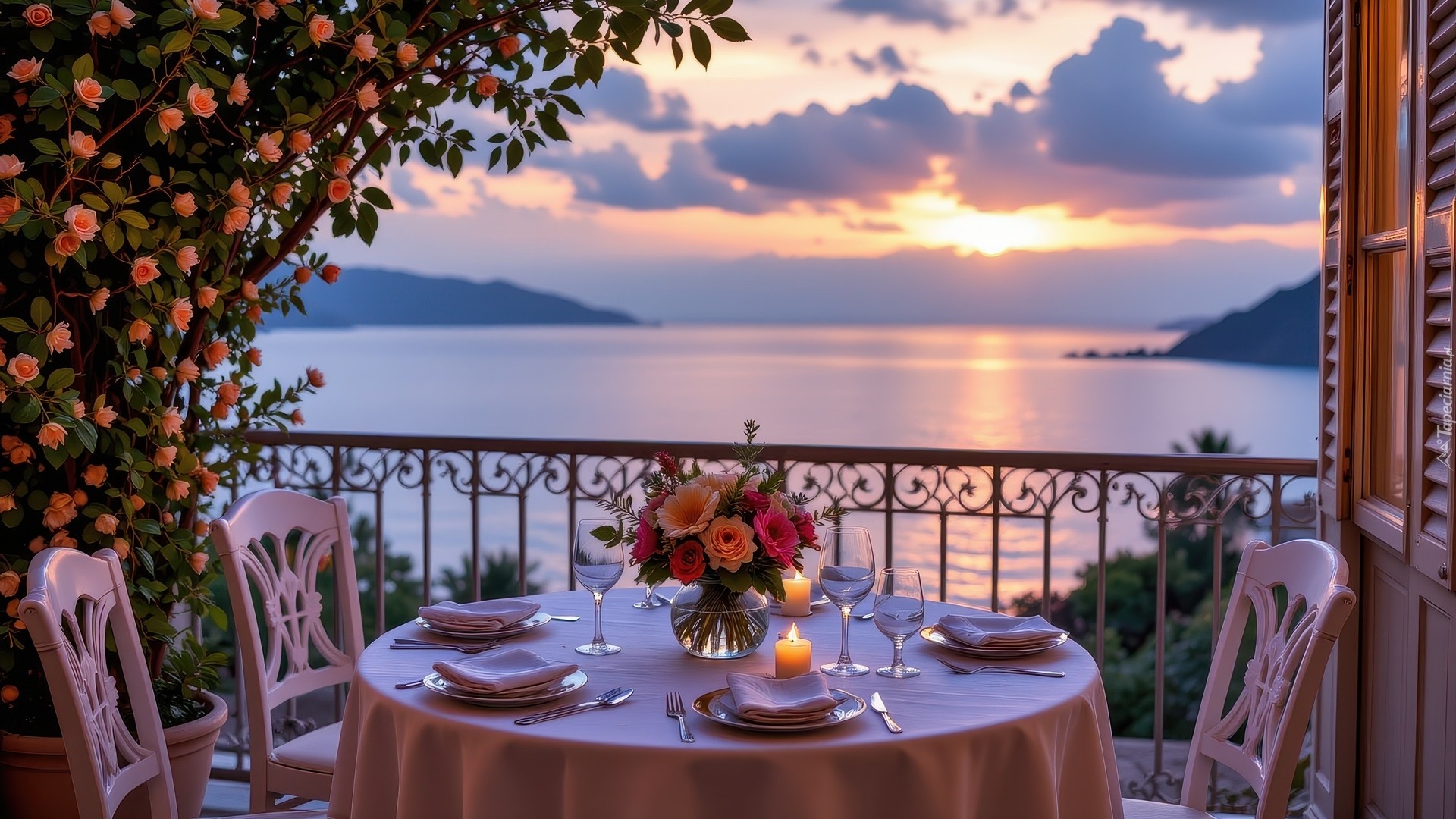 Dom, Balkon, Morze, Stół, Bukiet kwiatów, Krzesła