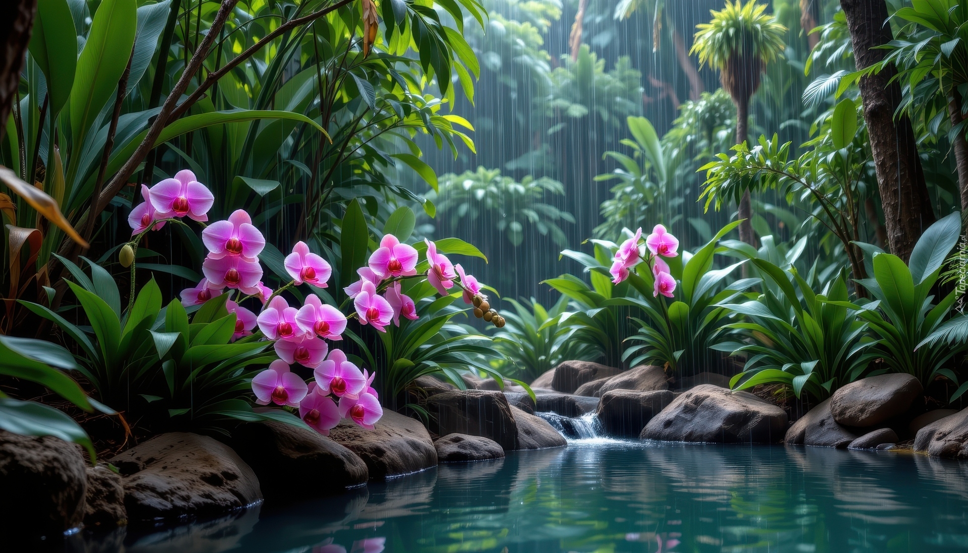 Staw, Kwiaty, Fioletowe, Storczyki, Kamienie, Drzewa, Rośliny, Deszcz, Grafika AI