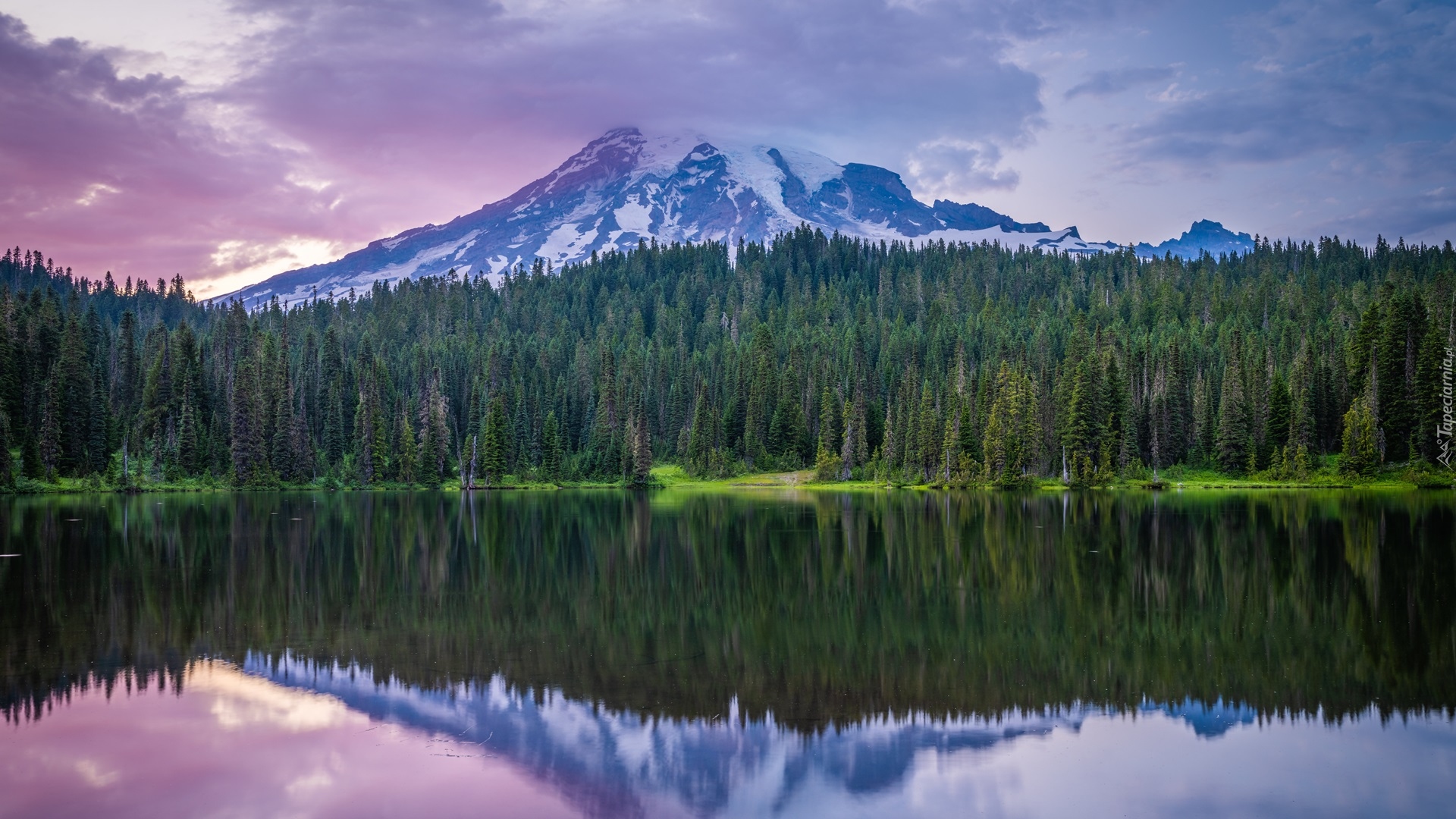 Park Narodowy Mount Rainier, Góry, Jezioro, Drzewa, Chmury, Stan Waszyngton, Stany Zjednoczone