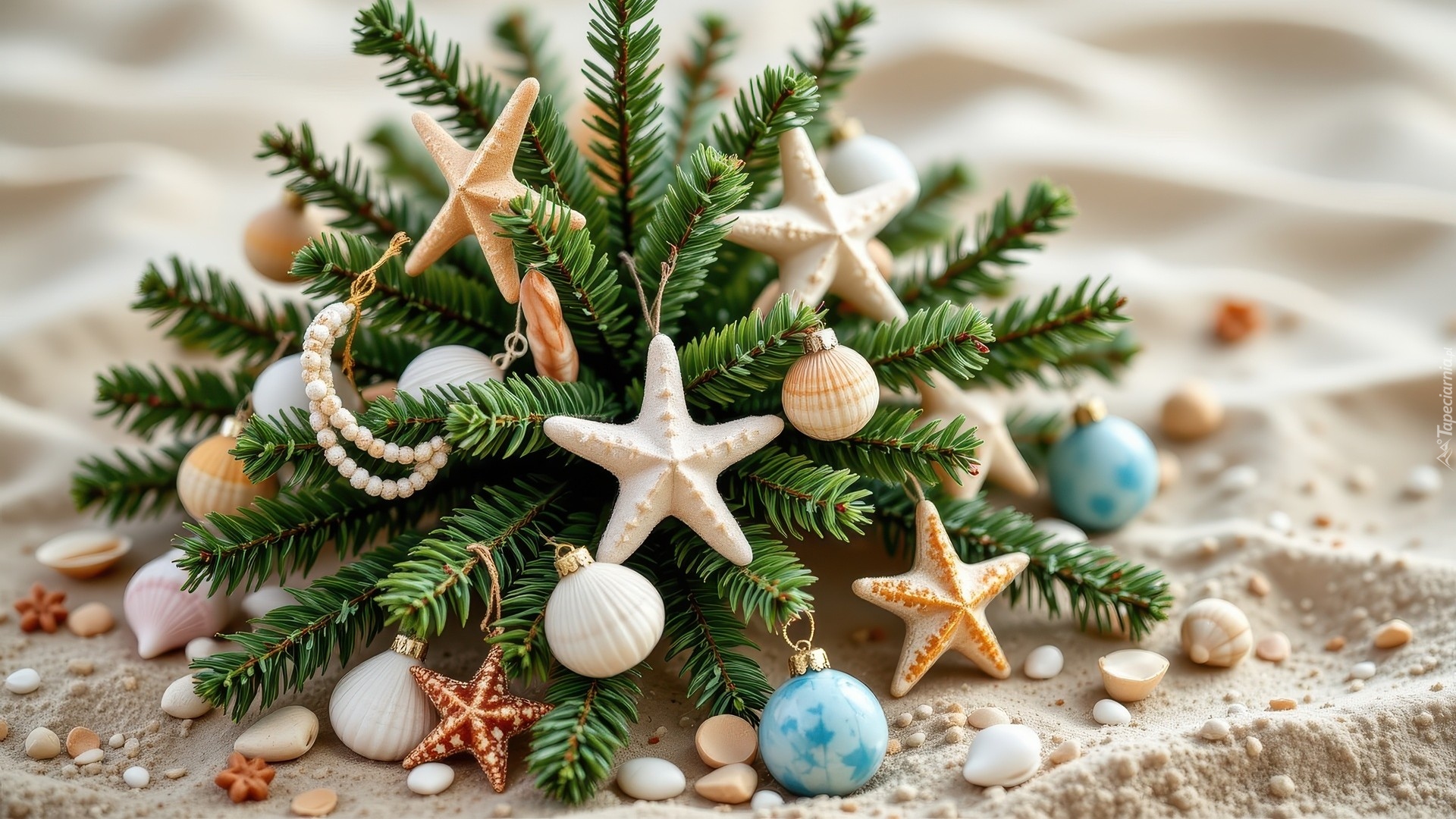 Grafika, AI, Boże Narodzenie, Stroik, Bombki, Rozgwiazdy, Plaża, Piasek