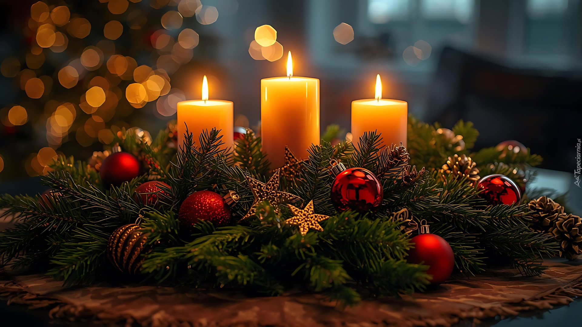 Stroik, Trzy, Świece, Gałązki, Świerk, Bombki, Gwiazdy, Szyszki, Światło, Świąteczne