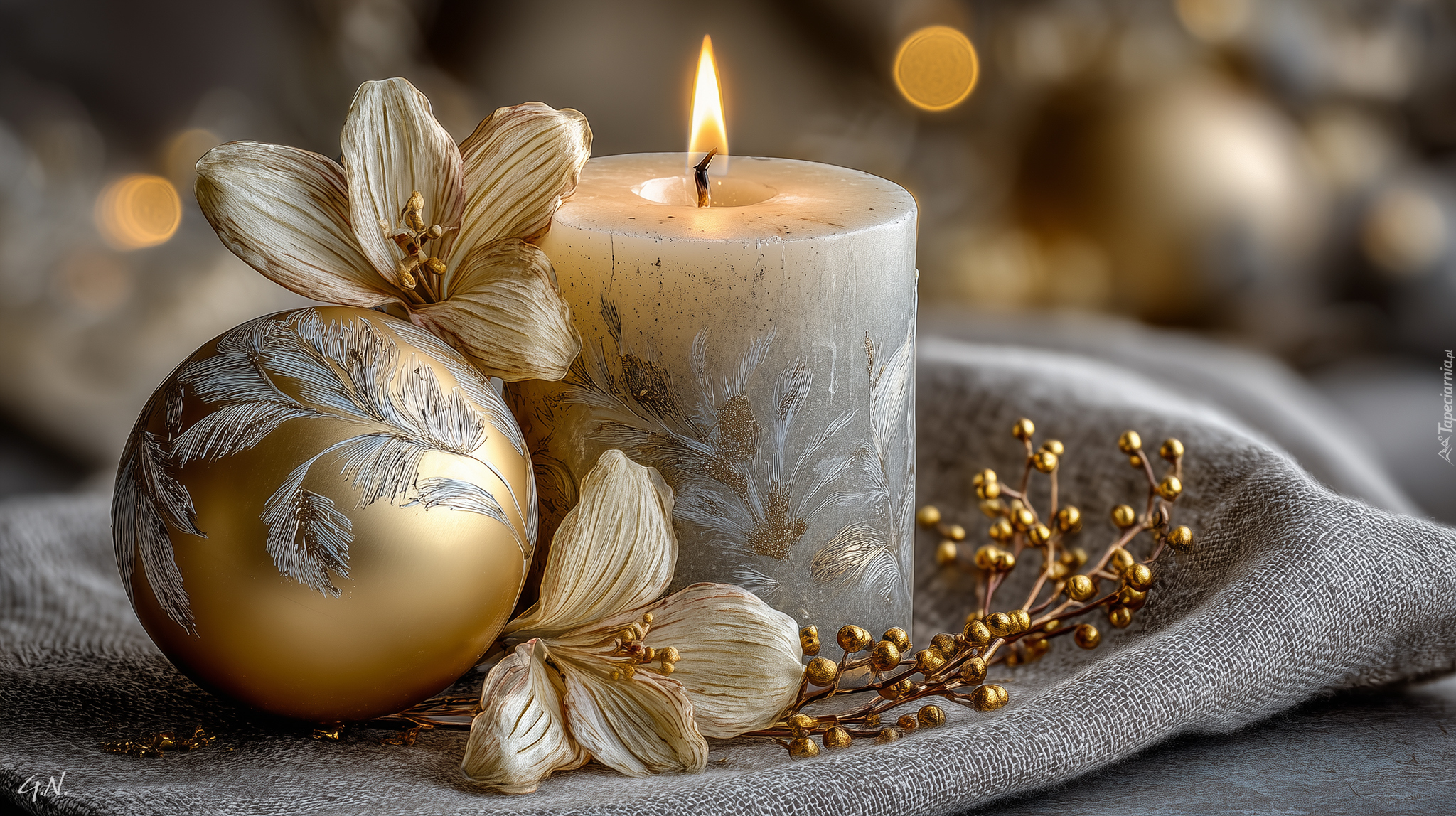 Boże Narodzenie, Złota, Bombka, Świeca, Kwiaty, Stroik, Grafika AI