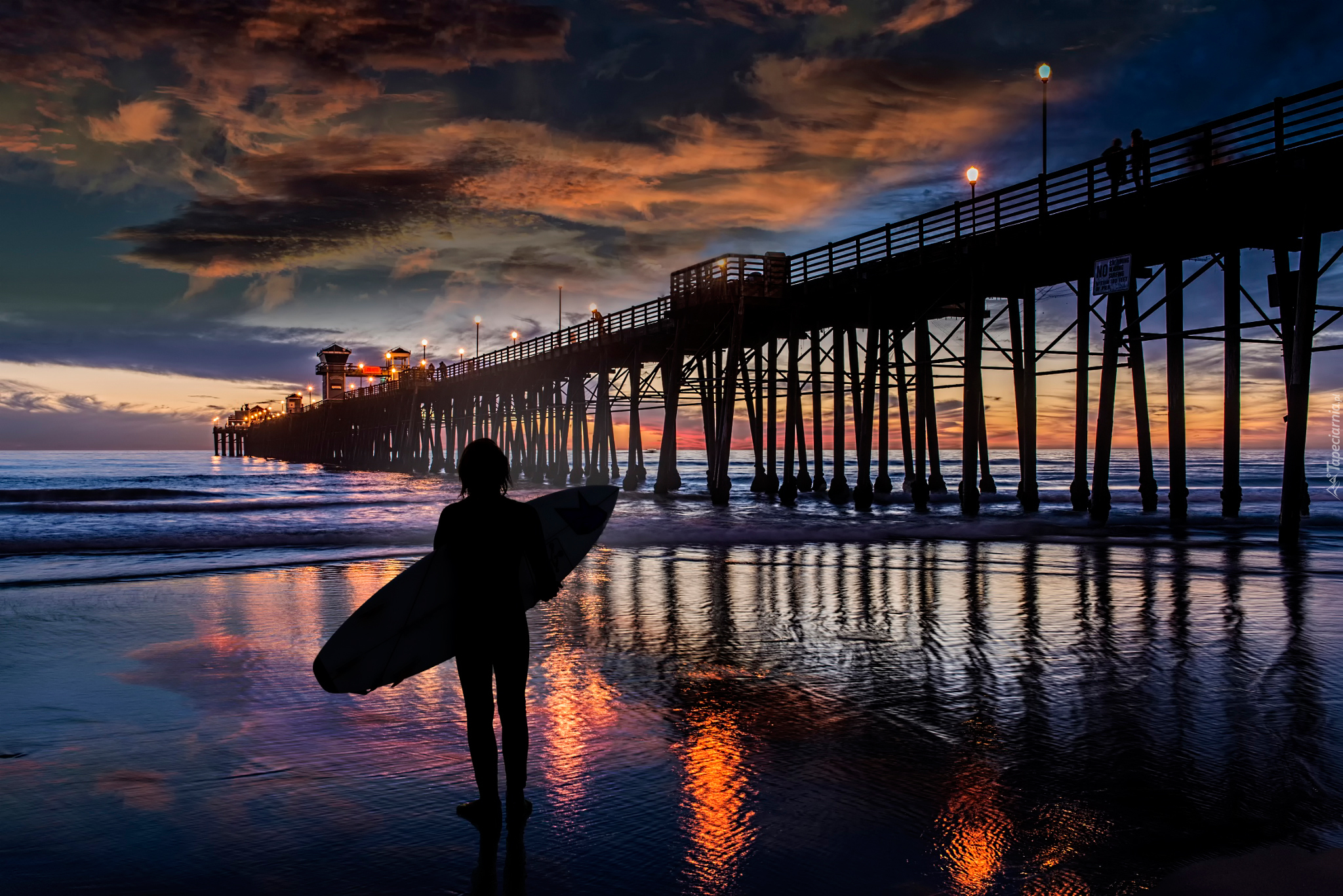 Kalifornia, Oceanside, Molo, Chmury, Surfer