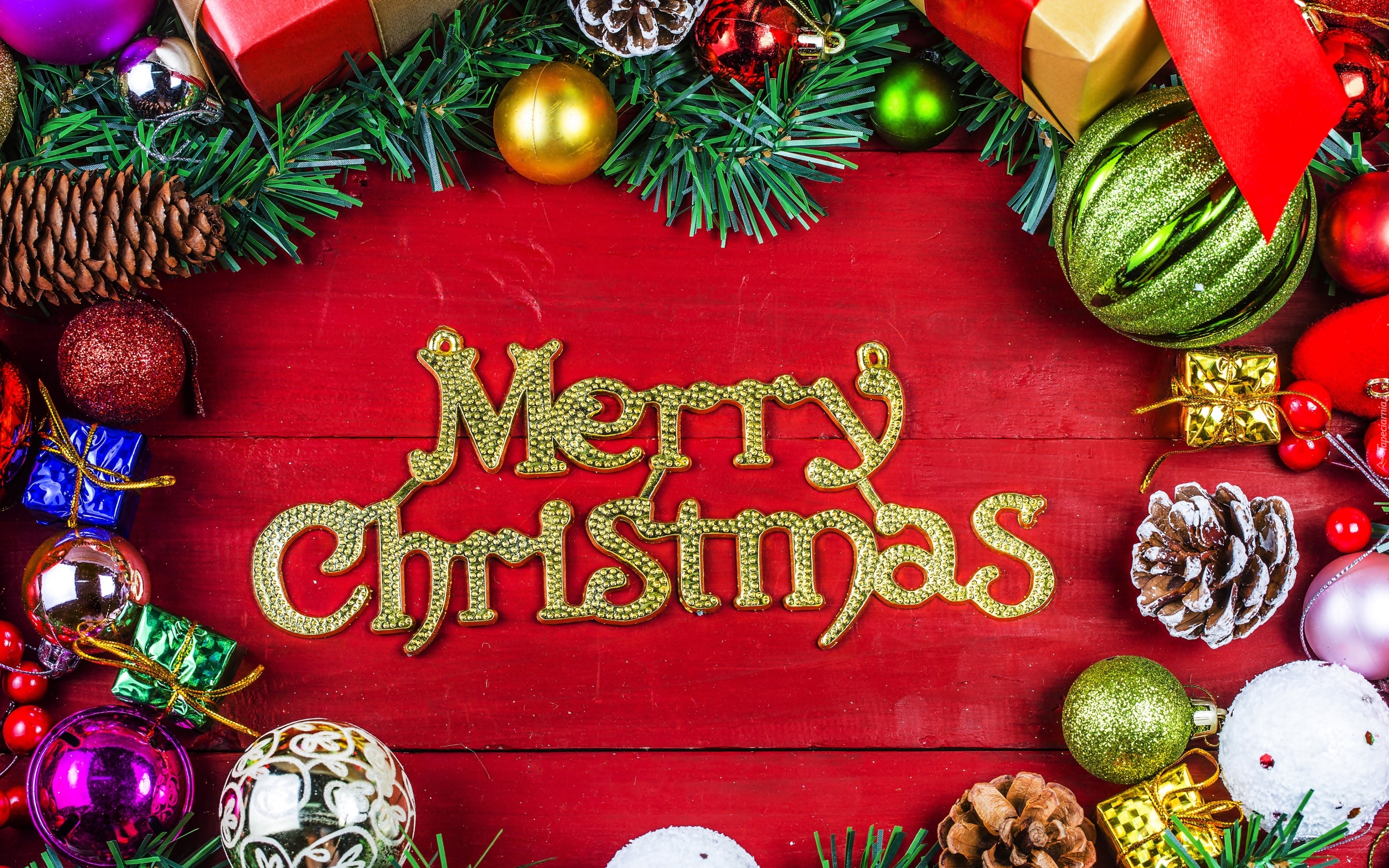 Boże Narodzenie, Bombki, Szyszki, Gałązki, Świerku, Merry Christmas