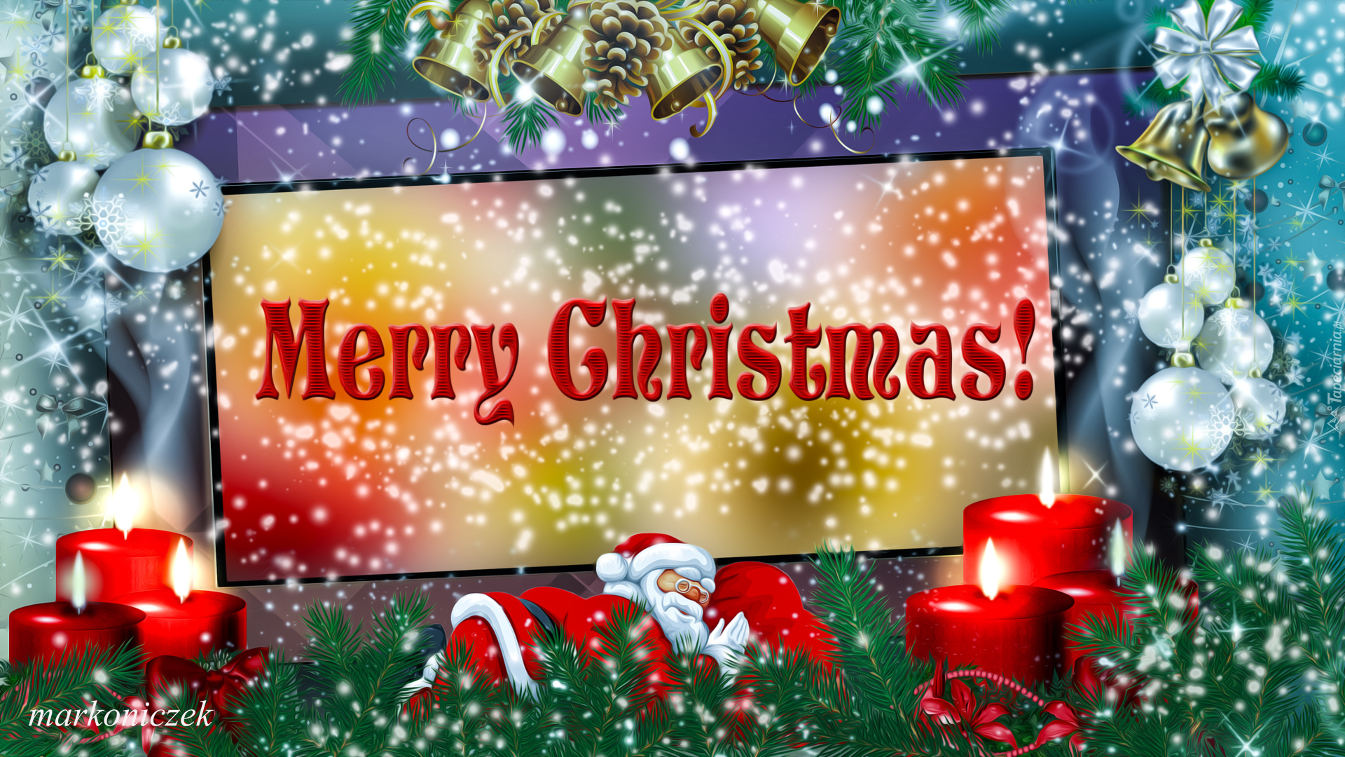 Grafika, Boże Narodzenie, Mikołaj, Świece, Bombki, Życzenia, Merry Christmas