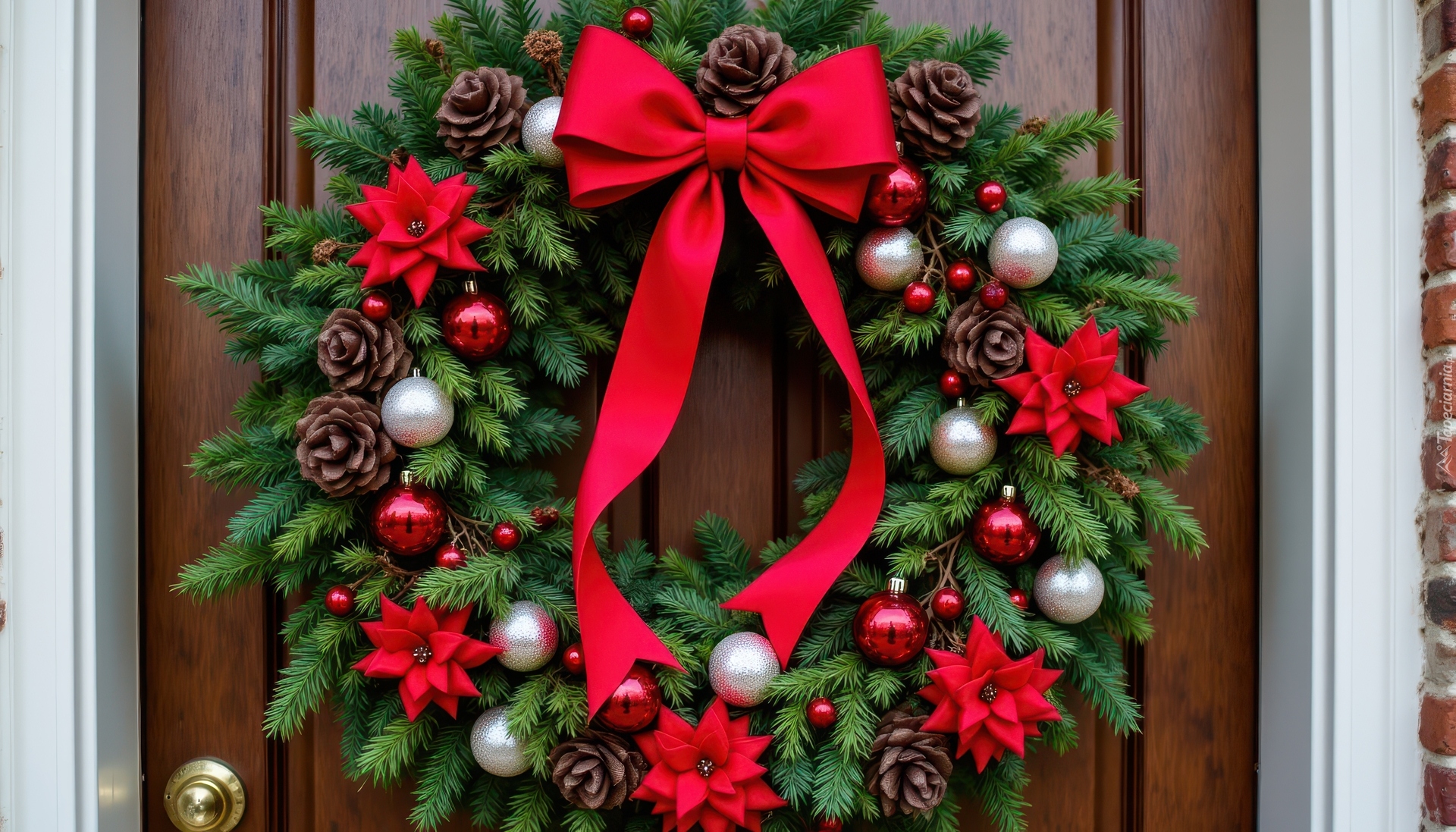 Boże Narodzenie, Wianek, Gałązki, Kwiaty, Czerwone, Bombki, Wstążka, AI