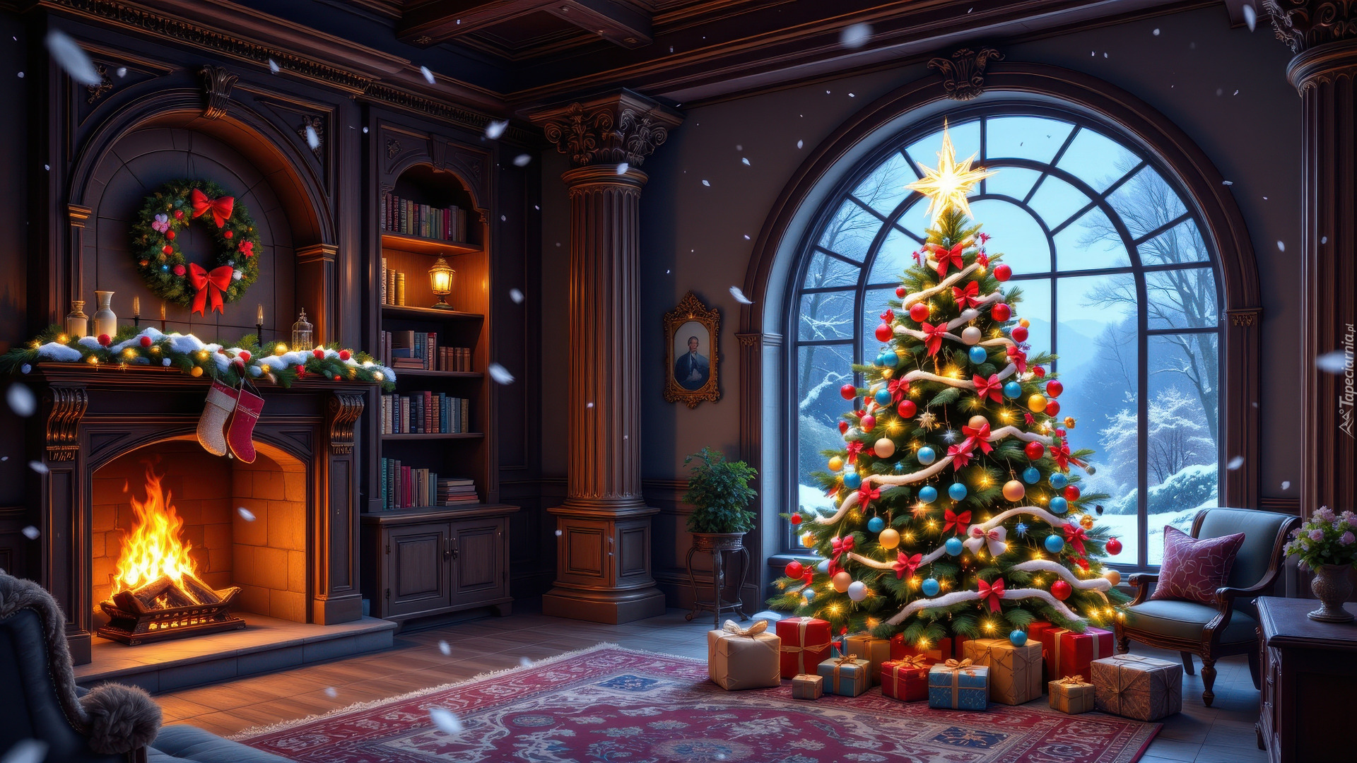 Zima, Salon, Kominek, Wieniec, Regał, Książki, Prezenty, Udekorowana, Choinka, Okno, Boże Narodzenie, AI