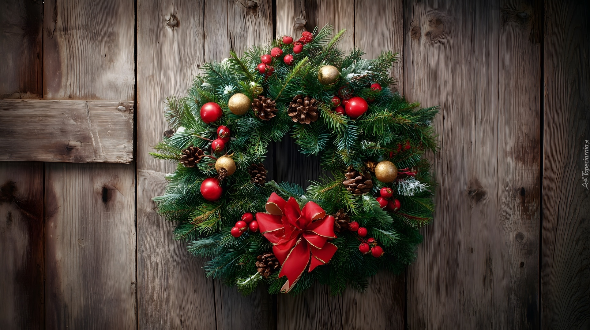 Boże Narodzenie, Wianek, Świąteczny, Bombki, Kokarda, Czerwona, Deski