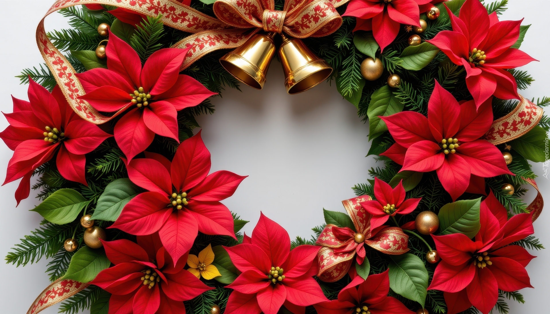 Wianek, Boże Narodzenie, Kwiaty, Gwiazda betlejemska, Wstążka, Dzwonki, AI
