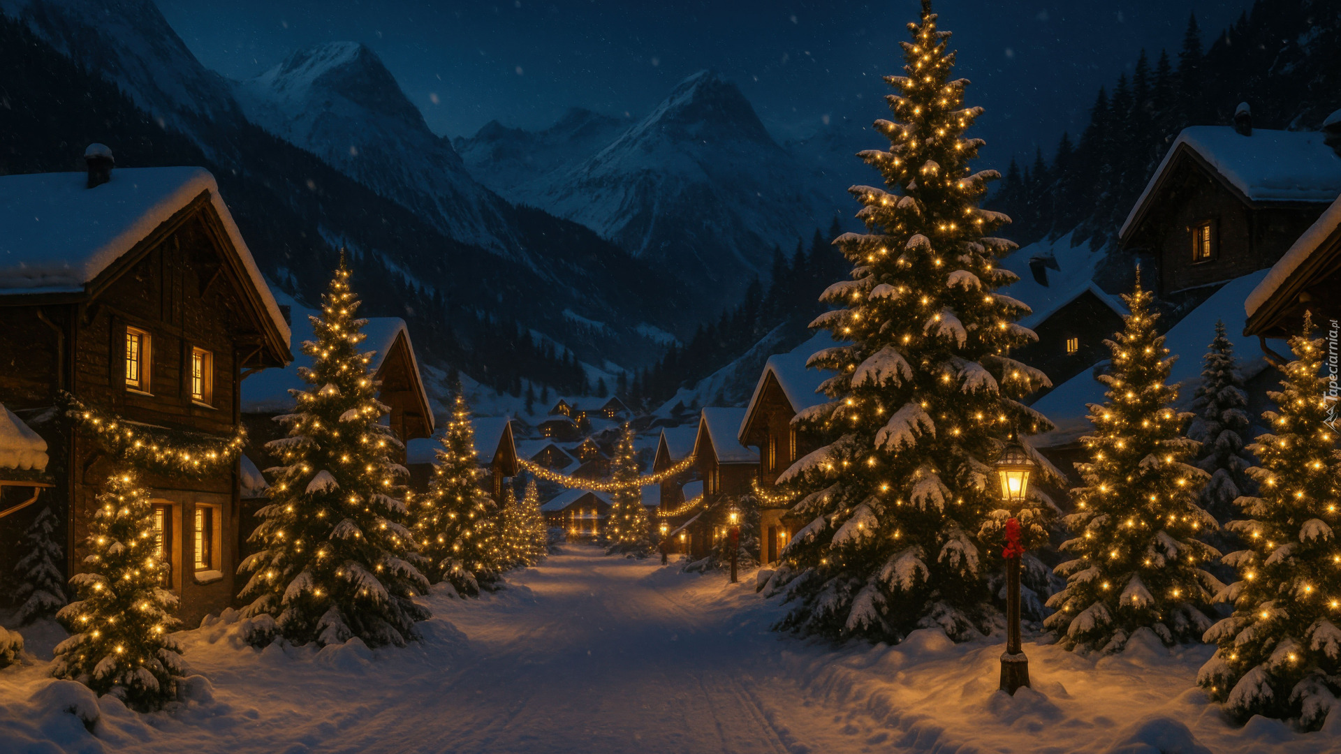 Boże Narodzenie, Góry, Domy, Droga, Choinki, Zima