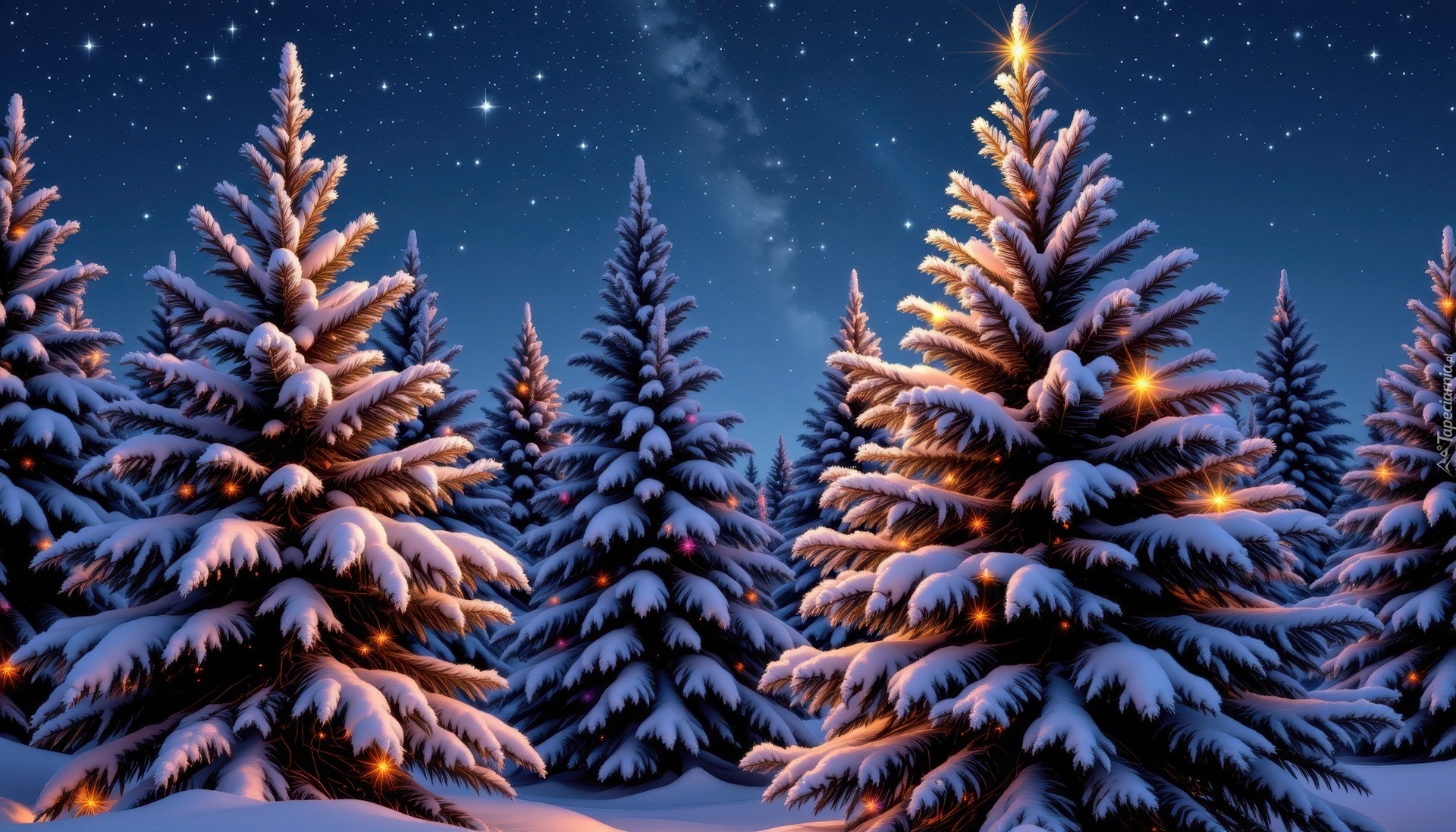 Las, Drzewa, Choinki, Światełka, Zima, Niebo, Gwiazdy, Grafika AI