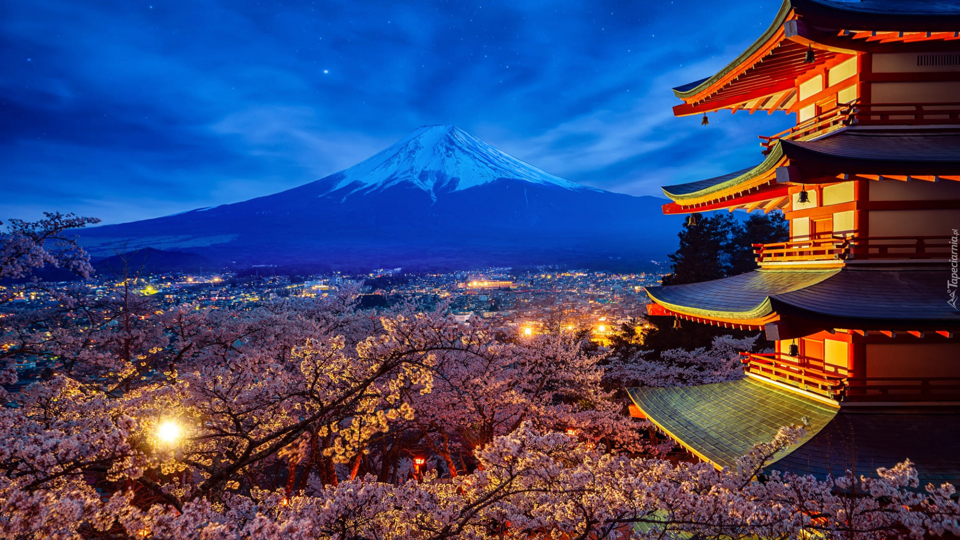 Świątynia, Chureito Pagoda, Góra, Fudżi, Mount Fuji, Drzewa, Wiosna, Miasto Fujiyoshida, Wyspa Honsiu, Japonia